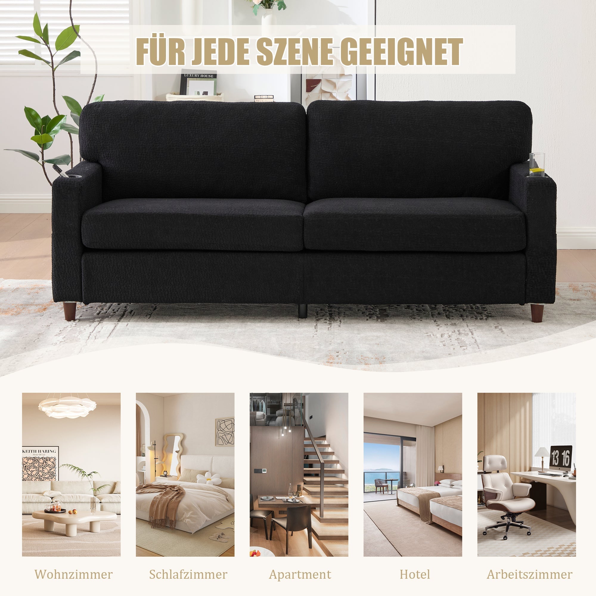 Modern 2-Seater Sofa USB-C LED Cup Holders Side Pockets - Black Chenille