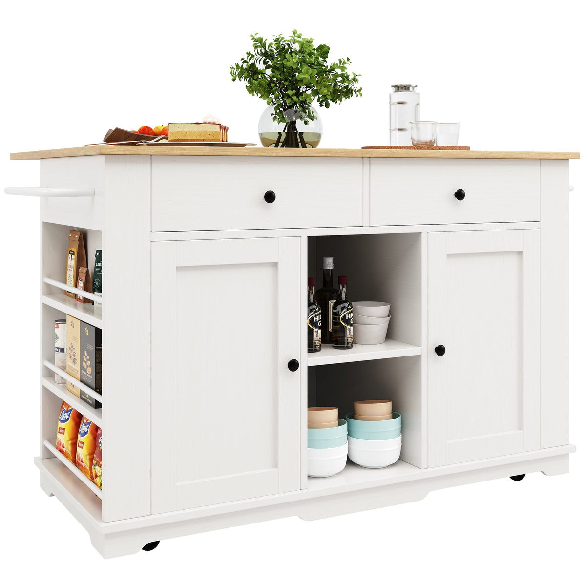 Kitchen Island Trolley Worktop Power Strip Wood Grain White