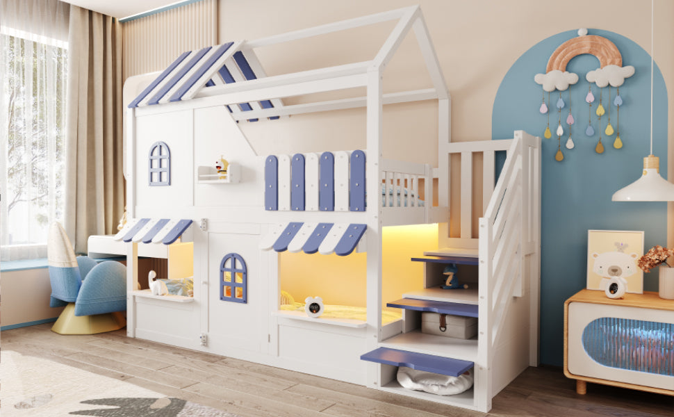Children's Bunk Bed with House-Shaped Design, Storage Ladder, LED and Shelves, 90x200cm, White + Blue