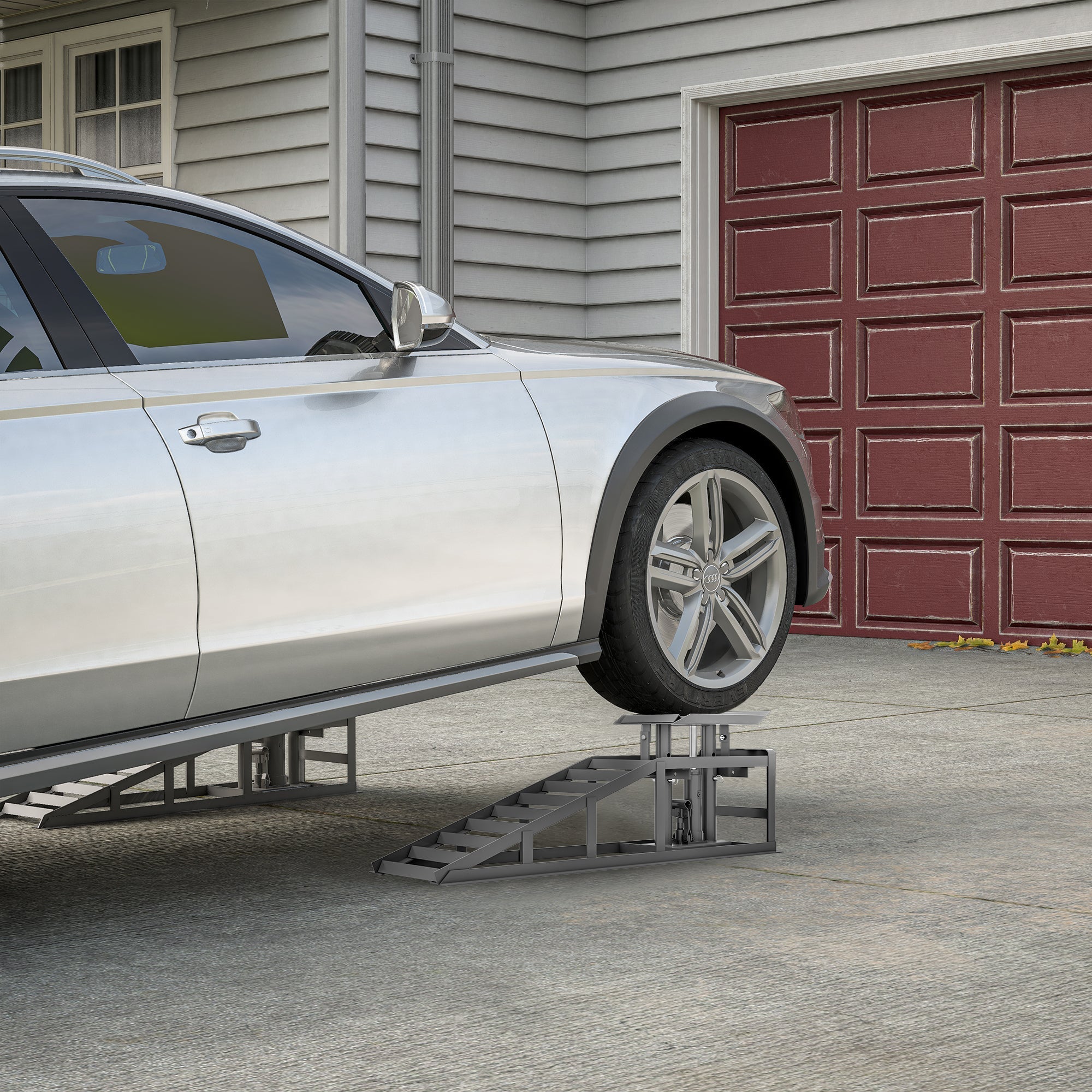 Car Loading Ramp Set, 2-Piece Height-Adjustable Lifting Platform, Grey