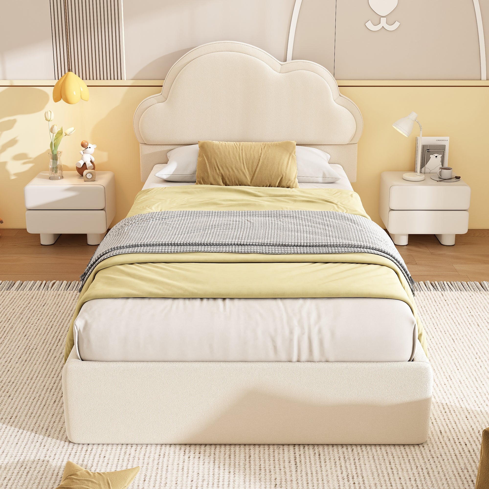 Upholstered Bed, 3ft Single Hydraulic Storage with Cloud Backrest, Beige Velvet