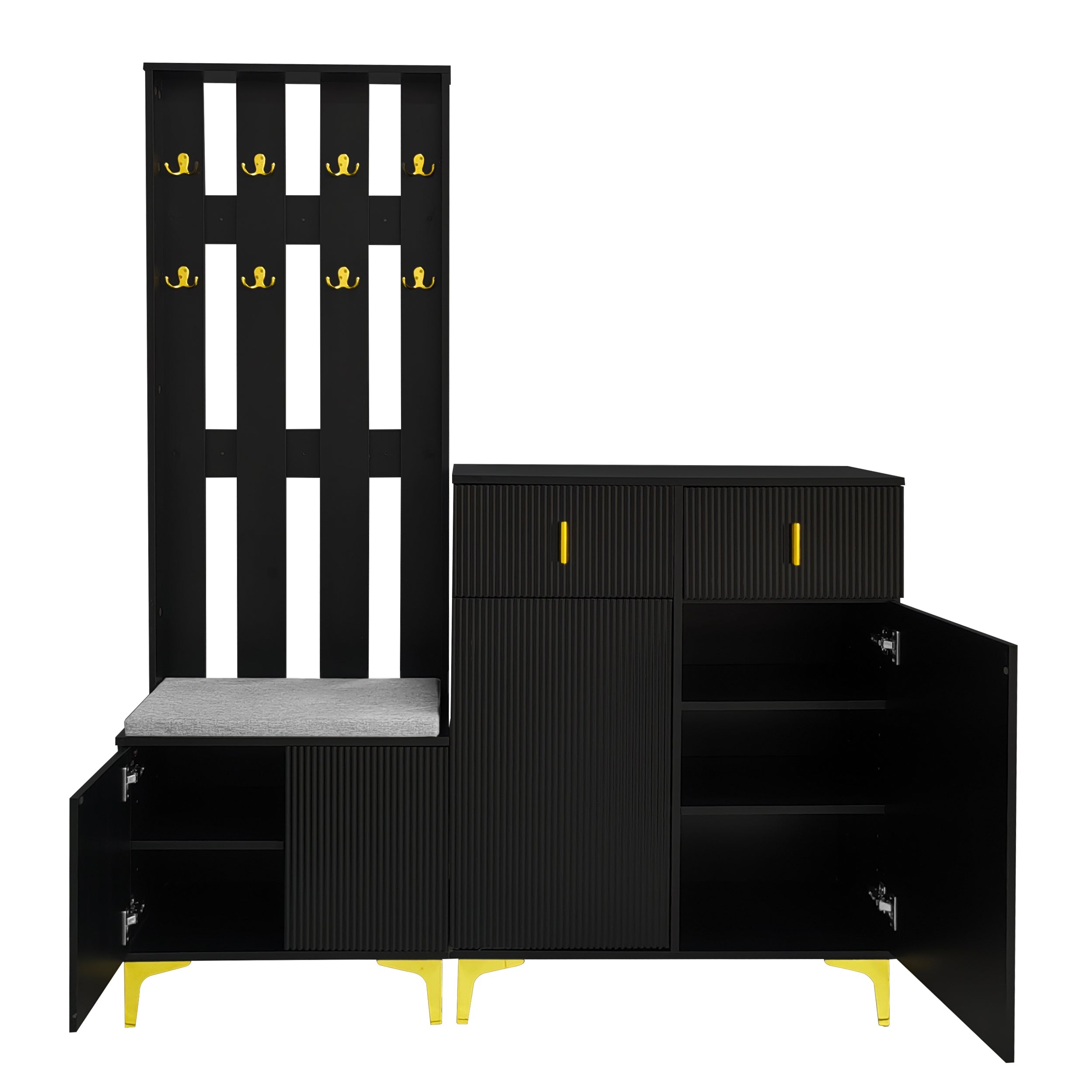 Wardrobe Set, Shoe Bench, Hooks, Drawers & Doors, Black Particleboard