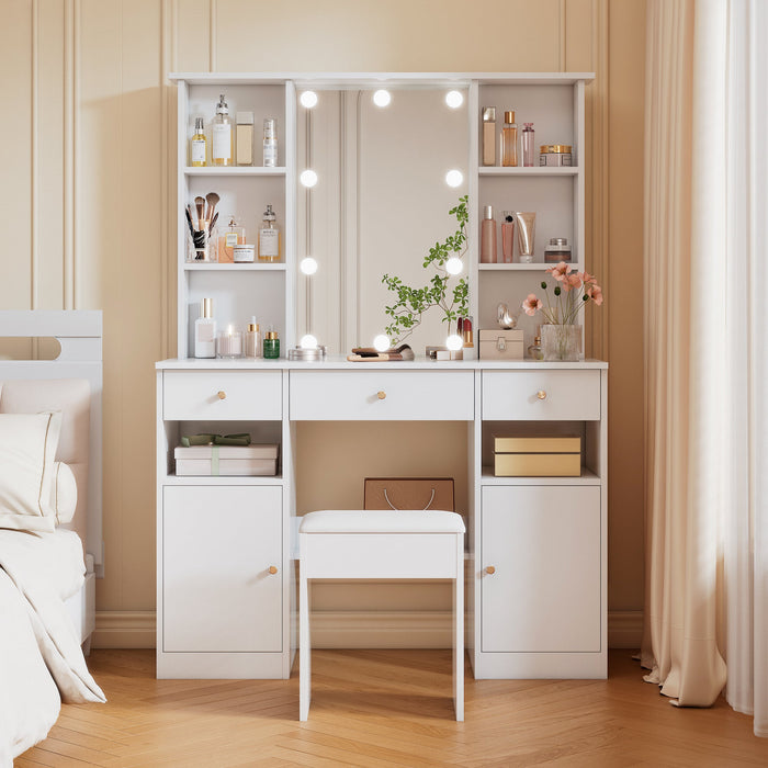 Dressing Table with LED lighting, Mirror, Stool, 3 Drawers, 2 Doors, White