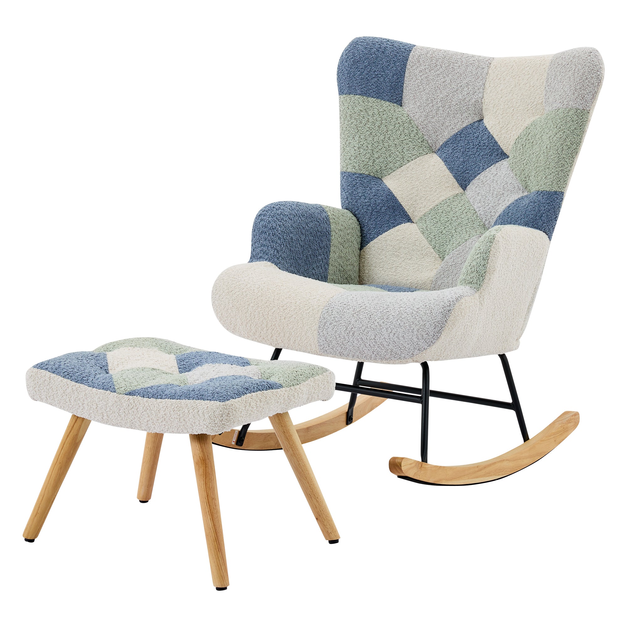 Rocking Recliner with Footstool and Upholstered Armchair, Patchwork Houndstooth Pattern