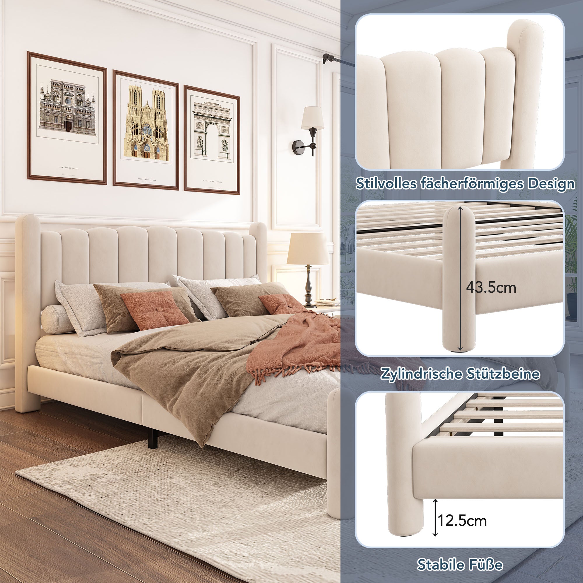 Upholstered Bed 180x200cm Slatted Base Fan-Shaped Headboard Beige Velvet