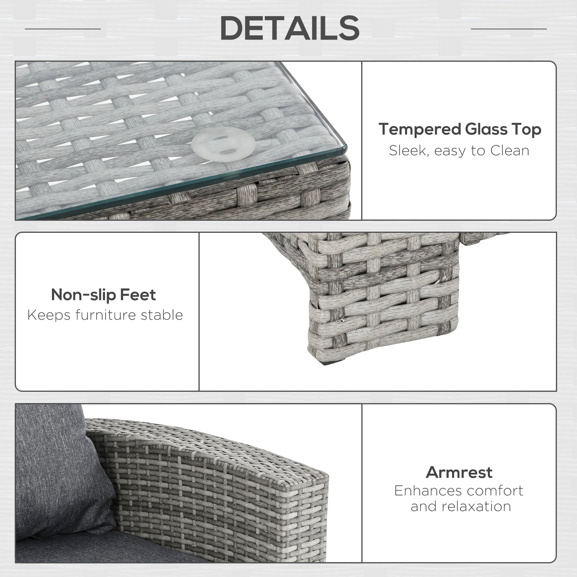 6 Pieces PE Rattan Garden Furniture Set, Three-seat Sofa, Armchairs, Footstools, Aluminium, Light Grey