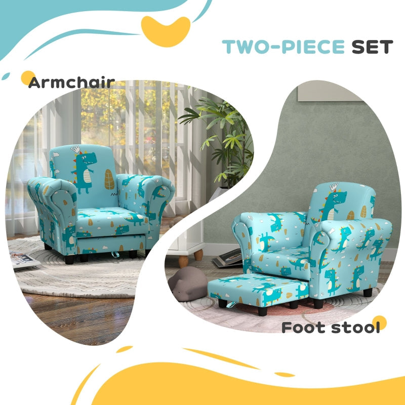 2 Piece Kids Sofa Set, Dinosaur Design Wooden Frame, Blue