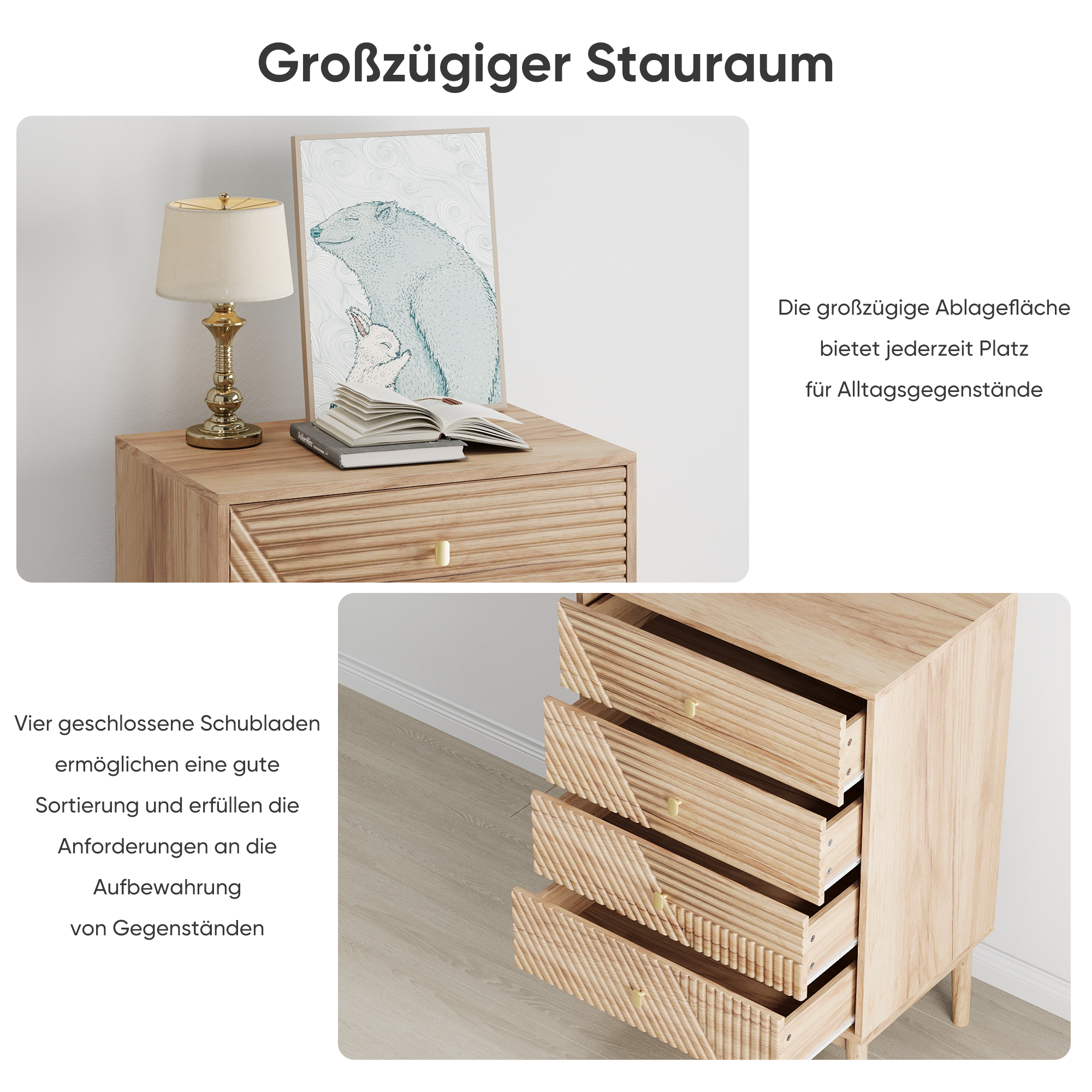 Chest of Drawers with 4 Storage Drawers and Wooden Wardrobe Cabinet, Oak Color