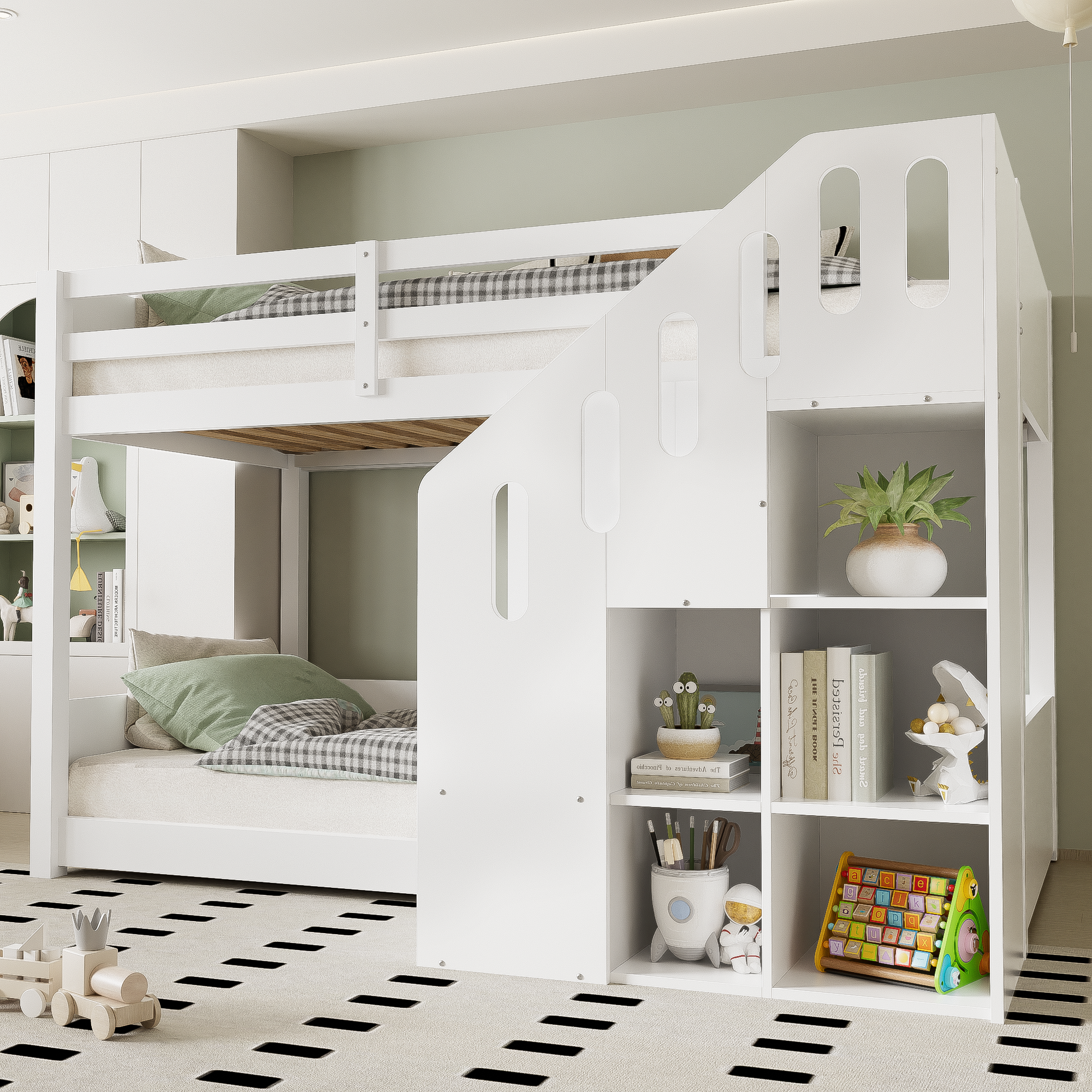Children's Bunk Bed, Multifunctional with Stairs & Storage, 2 Single Beds (3ft), White