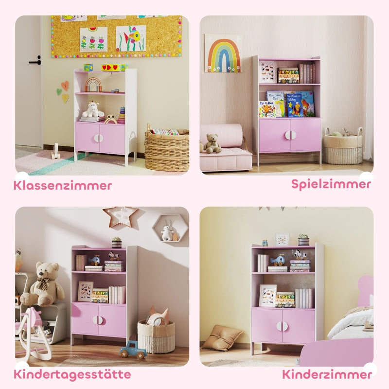 Kinderbücherregal, 2 Ablagen 2 Schränke freistehend, Pink+Weiß MDF