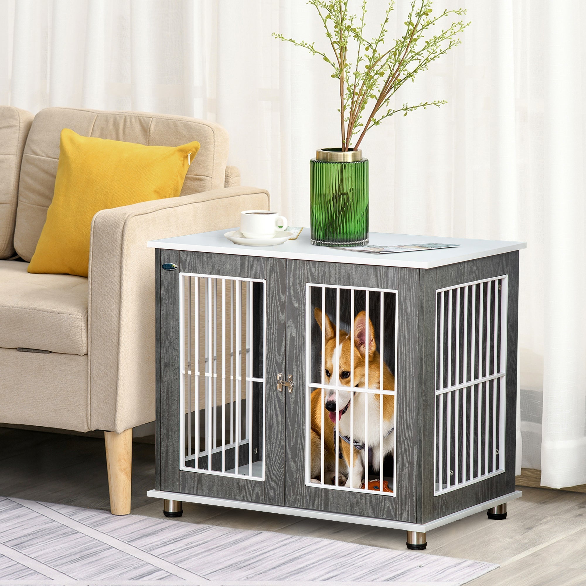 Wooden Dog House, Table Top & Cushion, Grey+White