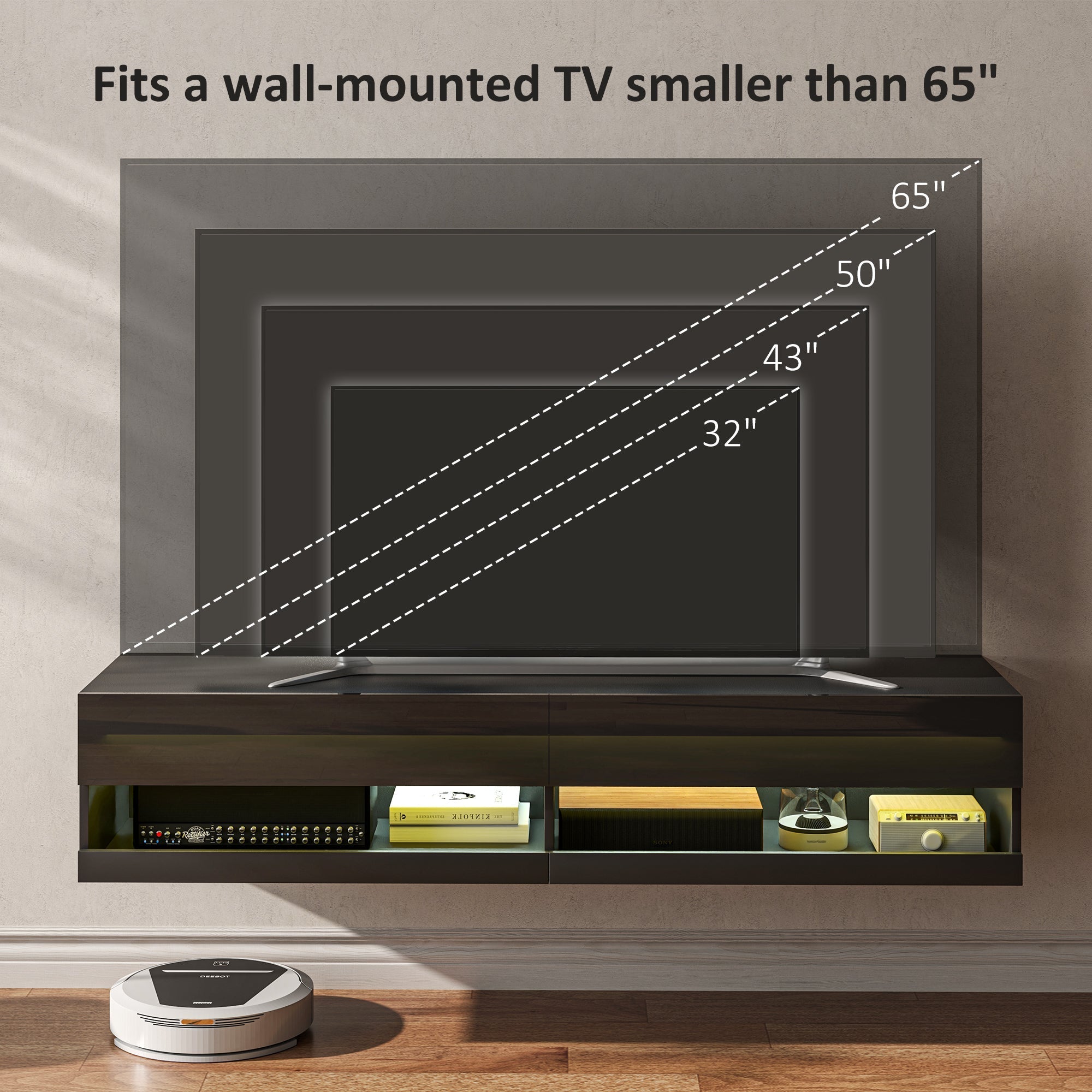 Floating TV Unit Wall Mounted Cabinet for TVs up to 65" with LED Lights, Black
