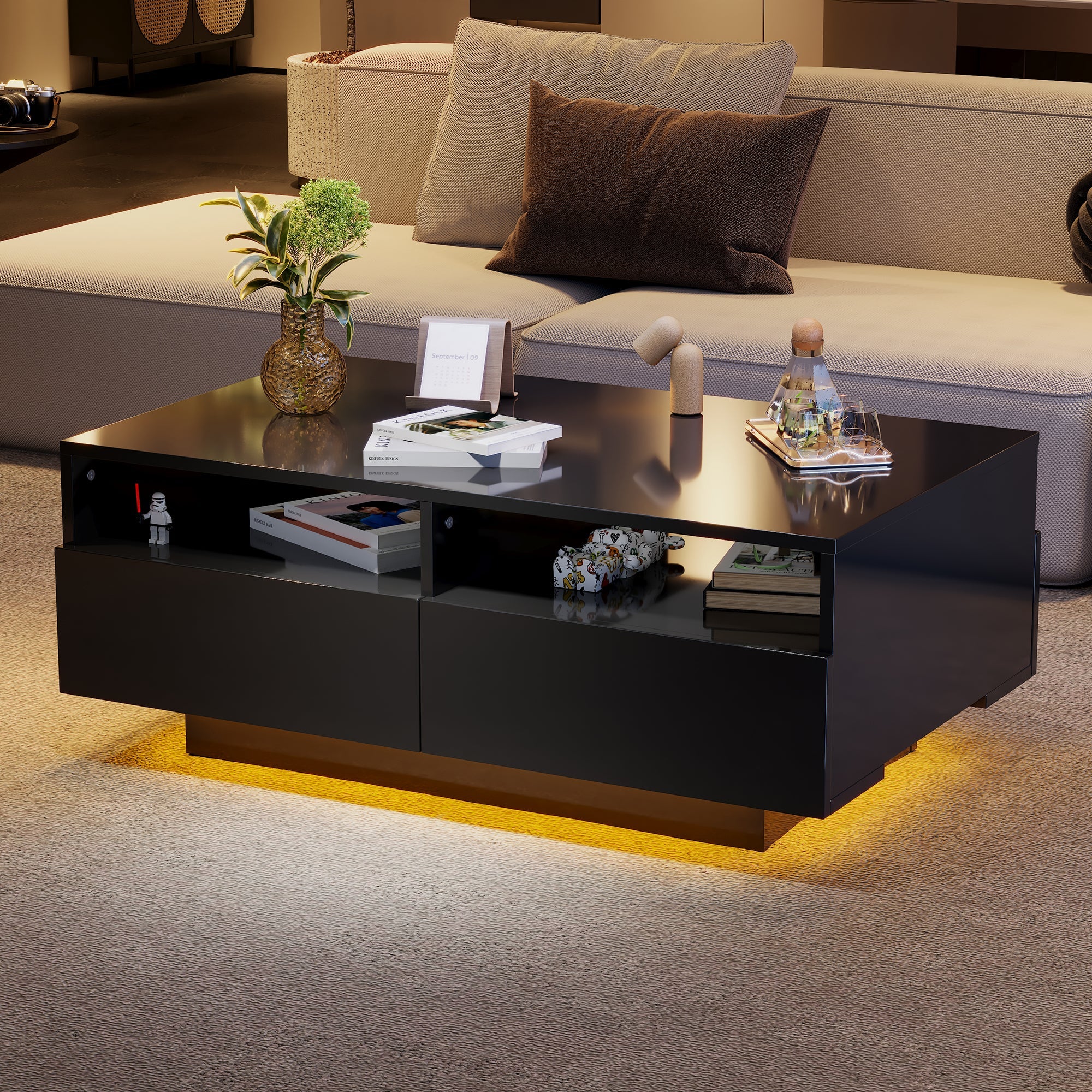 LED Coffee Table with 4 Drawers, Modern Center Table with 16 Colors LED Lights, High-Gloss