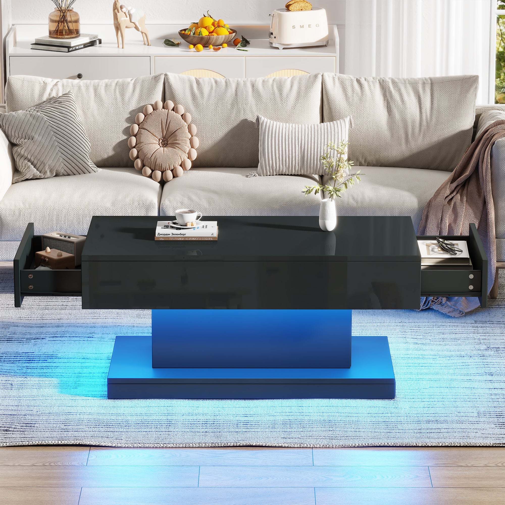 Coffee Table 100x50x45cm, 2 Drawers, LED Light, High-Gloss Black