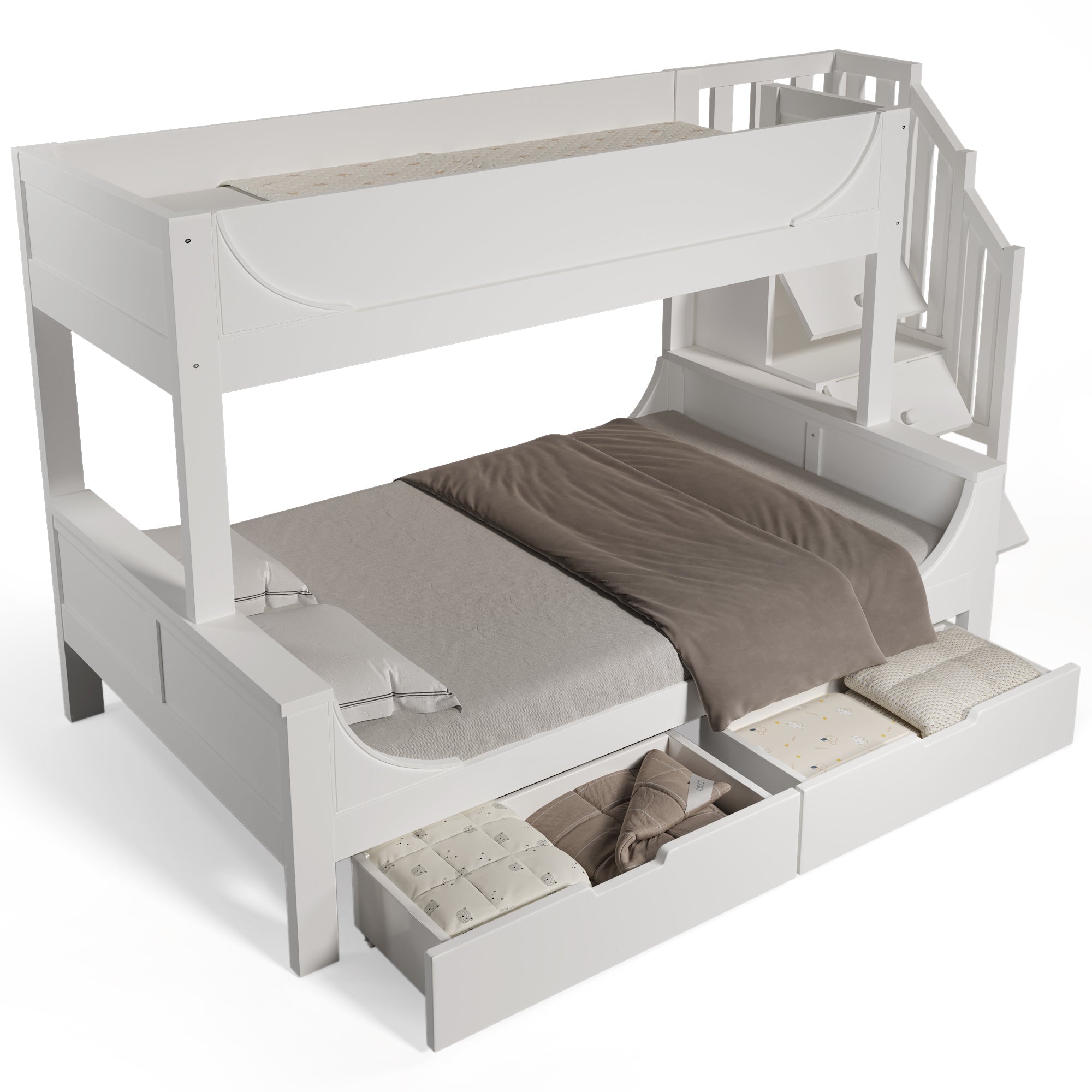 Bunk Bed with Ladder, Wardrobe, & Drawers, Sleigh Design 90/140x200cm Wooden White
