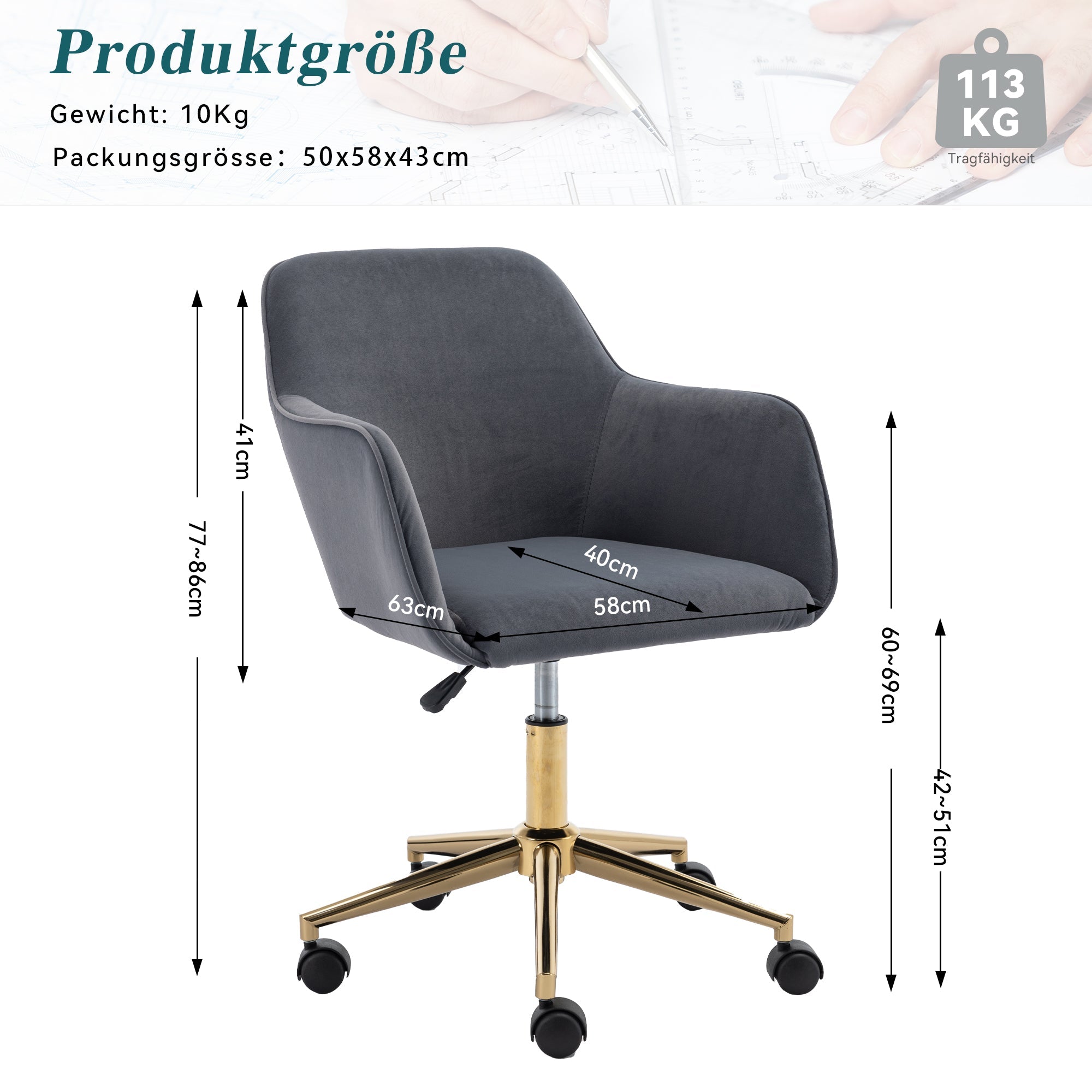 Velvet Swivel Chair, Height-Adjustable for Office Use, Grey with Golden Legs