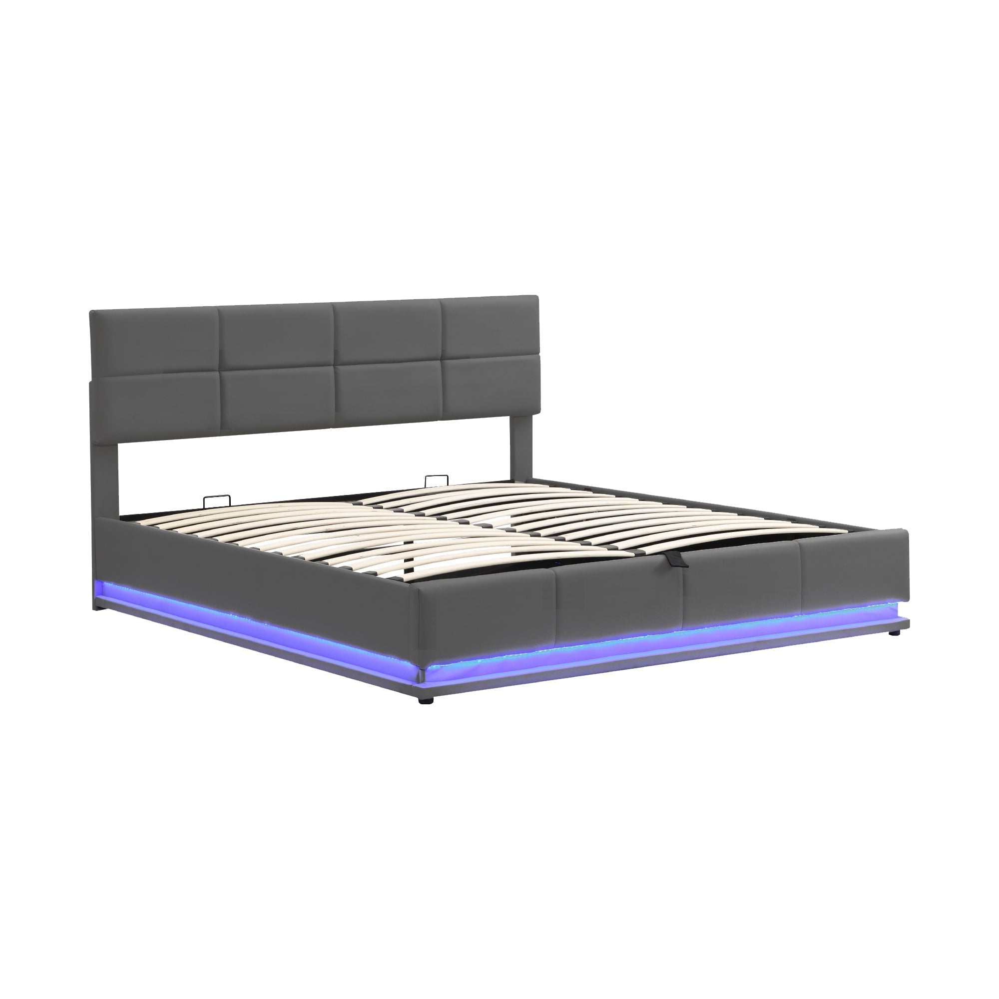 Faux Leather Bed with LED Lighting, Hydraulic Storage & Adjustable Headboard, Grey