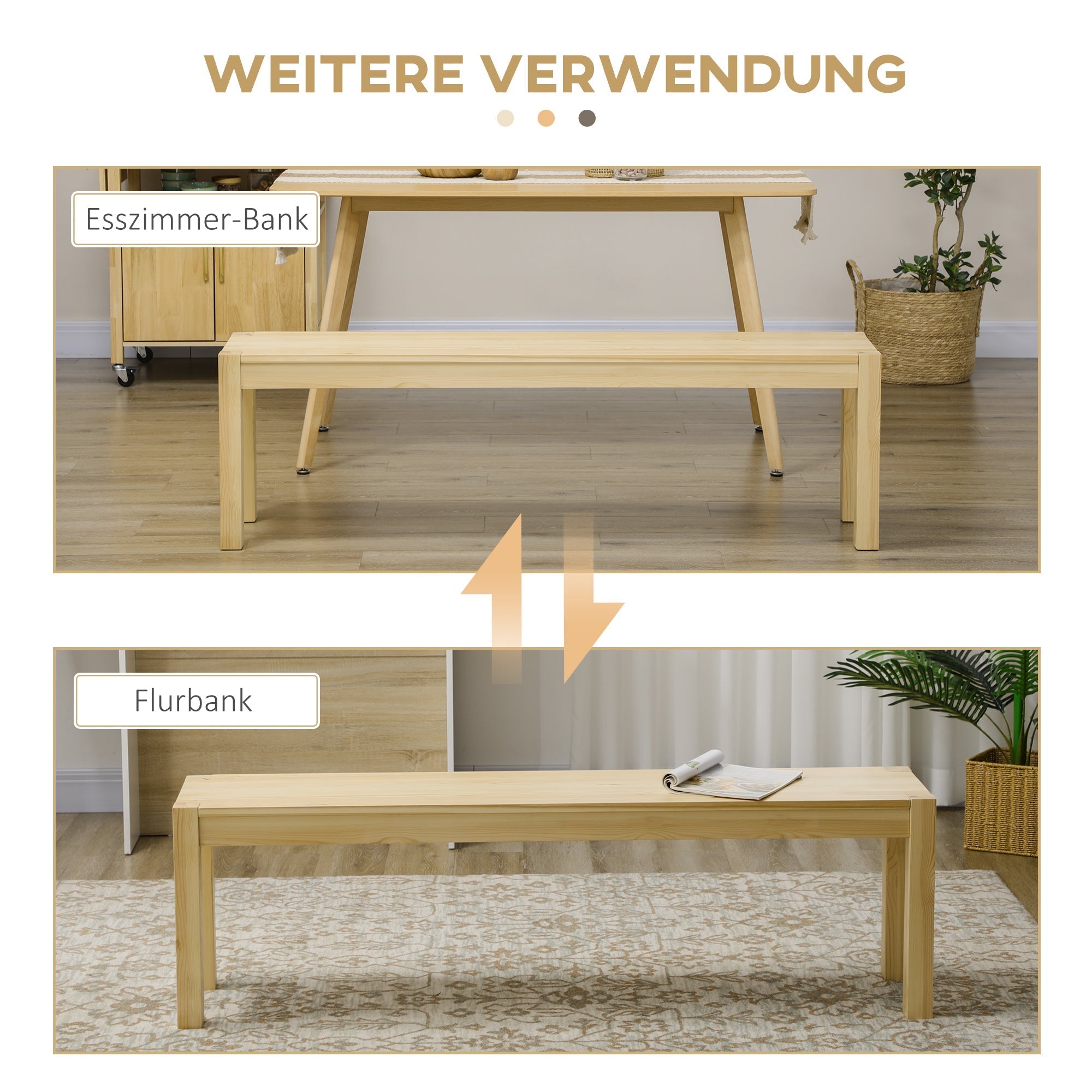 Dining Bench 3-Seater Country Style 330 kg Max Load Natural Pine Wood