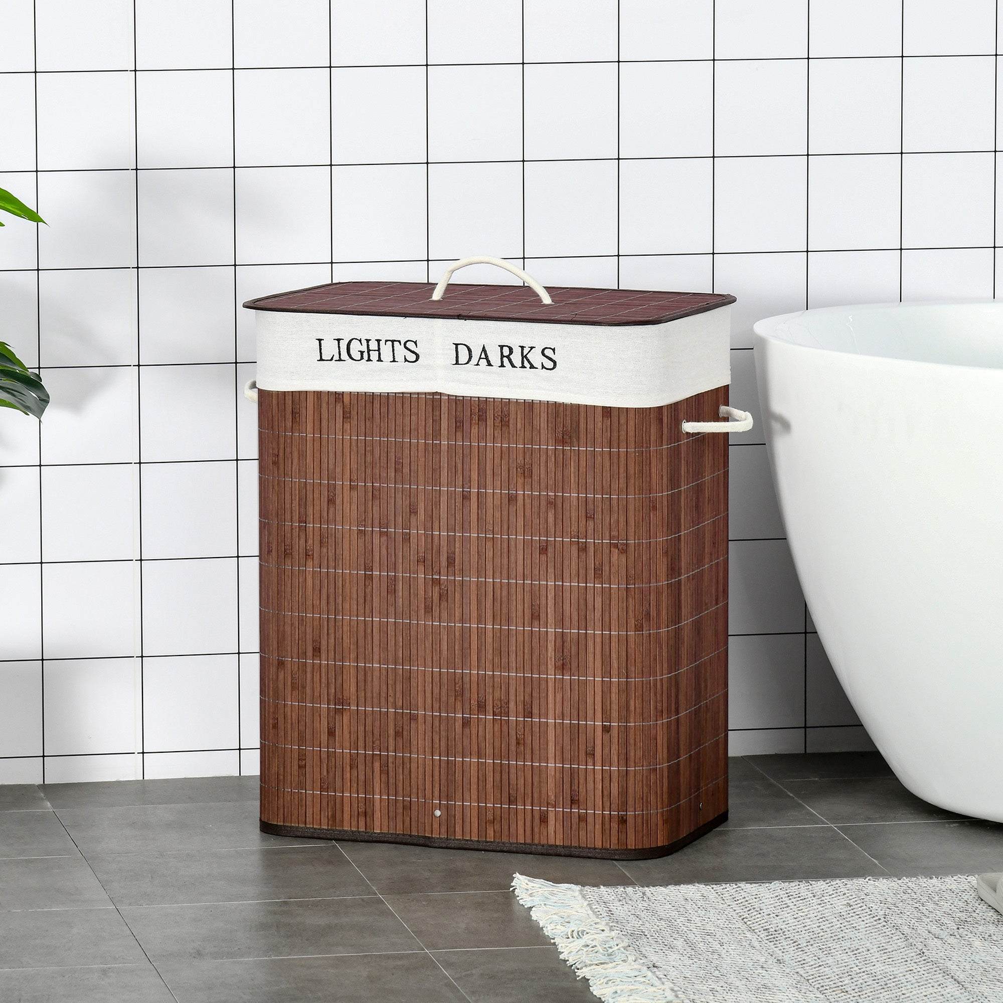 Laundry Basket Hamper 100L 3 Handles Washable Bag, Bamboo Cotton Metal Brown+White