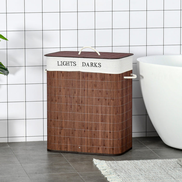 Laundry Basket Hamper 100L 3 Handles Washable Bag, Bamboo Cotton Metal Brown+White