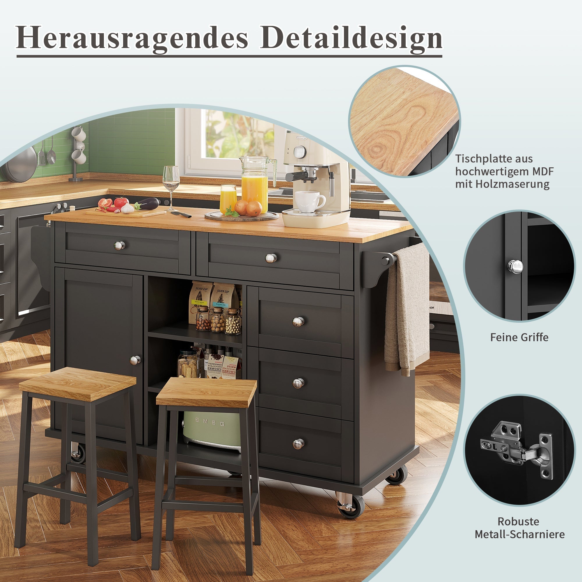 Dining Trolley with Drawer and Storage Cabinet, Mobile and Fixed Dual-Use Design, MDF Wood Grain