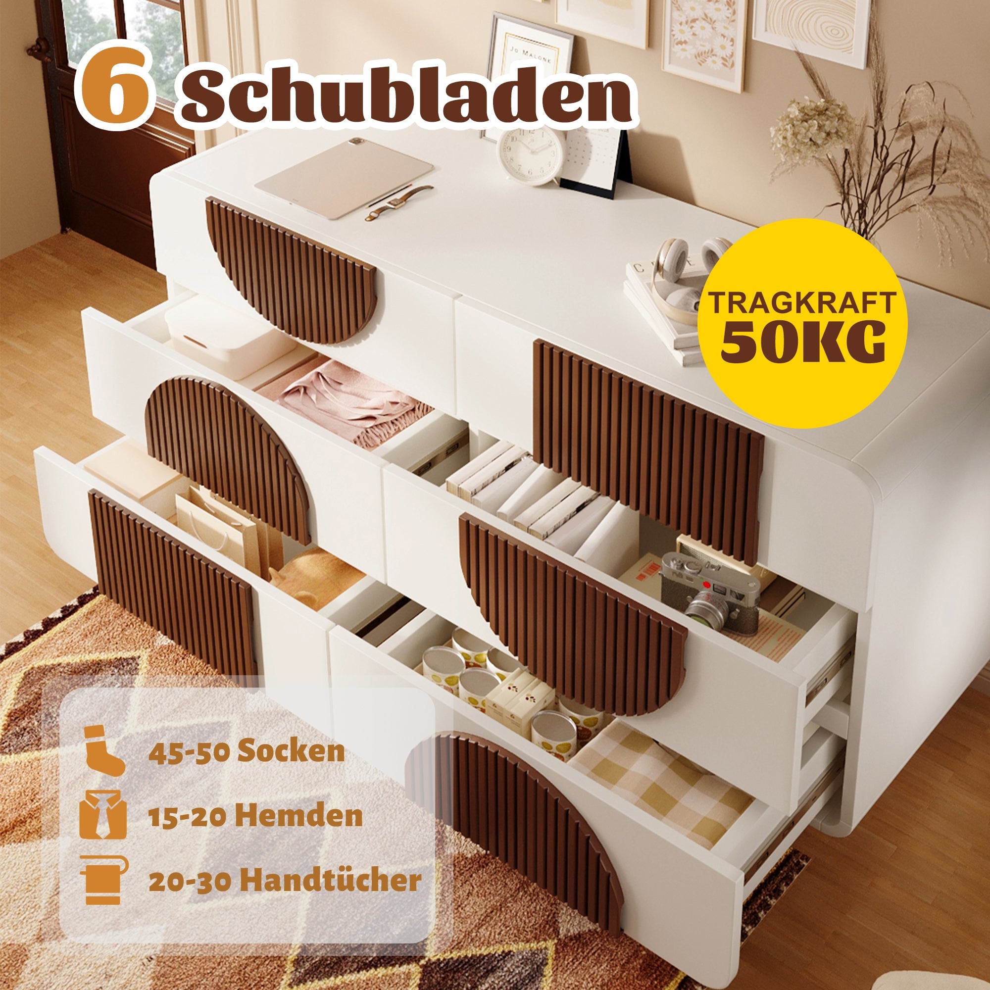 Chest of drawers 6 drawers curved design Elegant white with chocolate-colored wooden trim