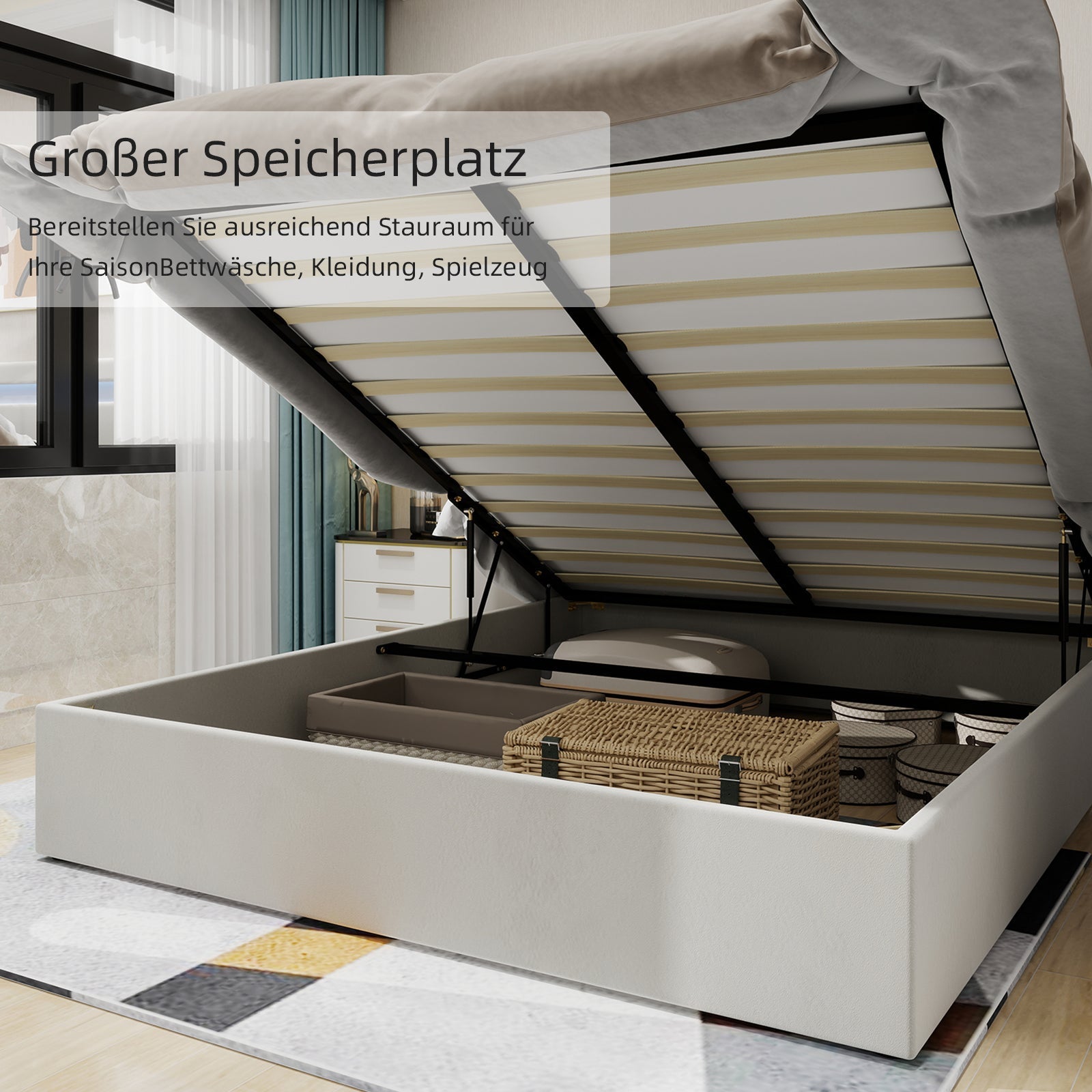 Upholstered Bed, Modern Minimalist Cartoon Headboard, 140x200 cm, Gas Lift Storage, Beige