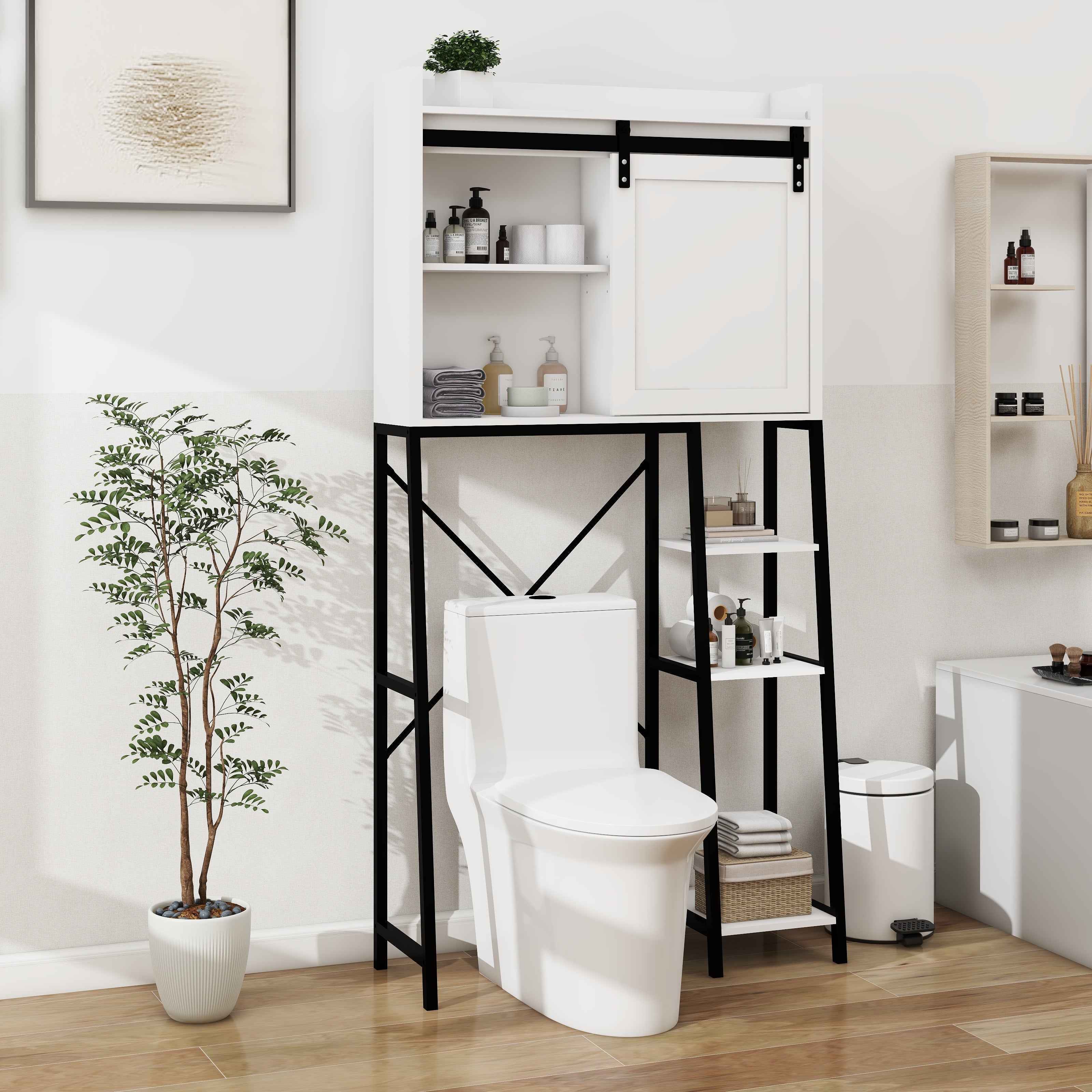 Toilettenschrank mit verschiebbarer Scheunentor & verstellbaren Regalböden – Weiß