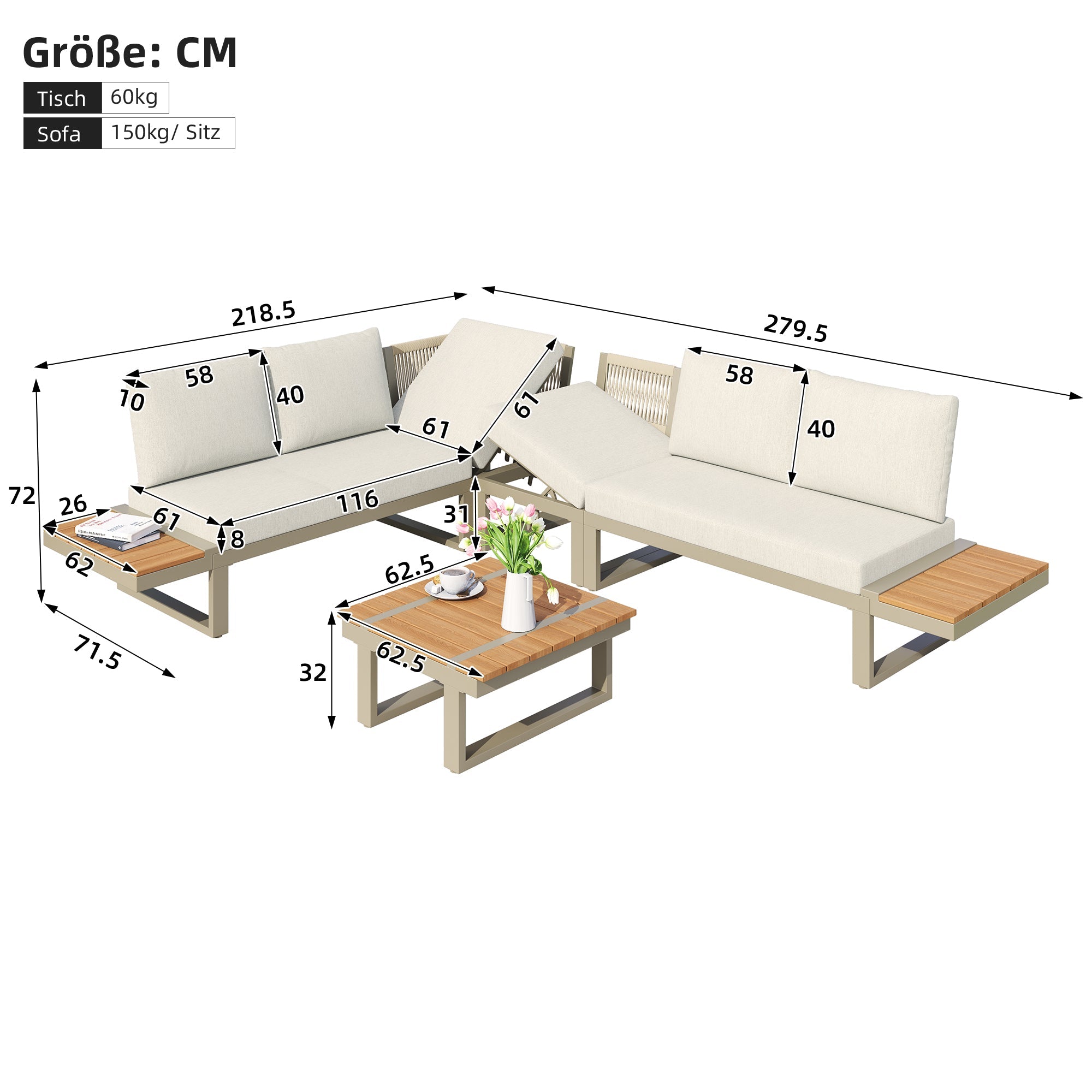 Garden Furniture Set with 2 Convertible Reclining Beds and Coffee Table, Beige