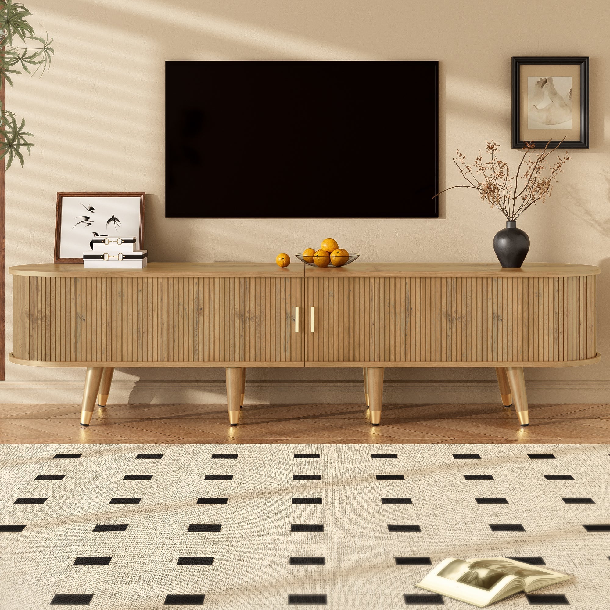 TV Cabinet Sliding Doors Media Console Wood Grain