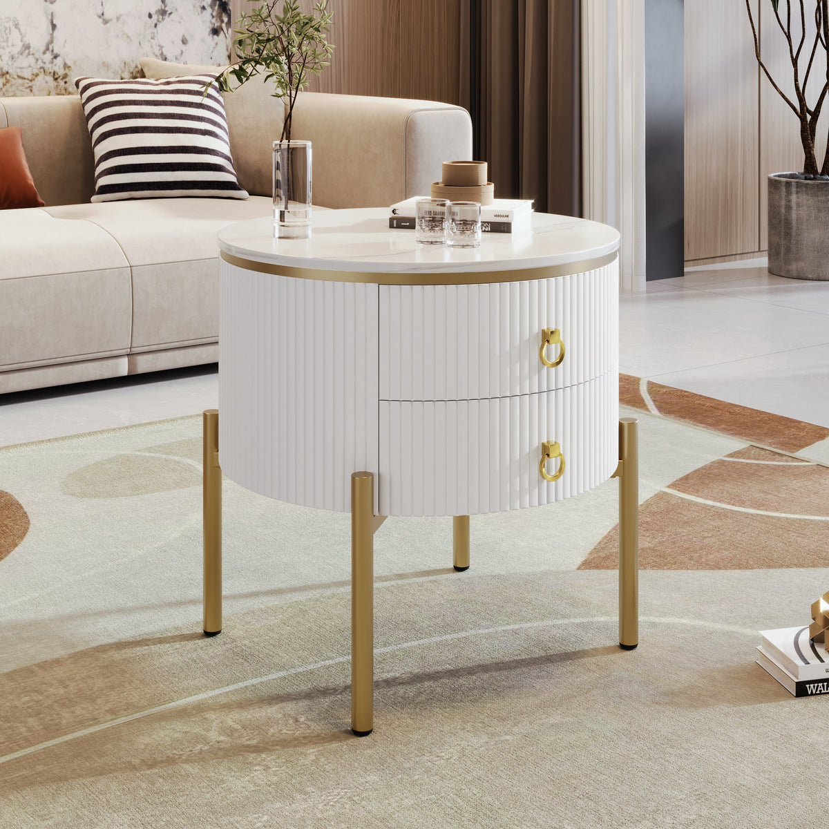 Side Table Coffee Table with Drawers, Adjustable, Gold Legs and Handles, Marble Texture