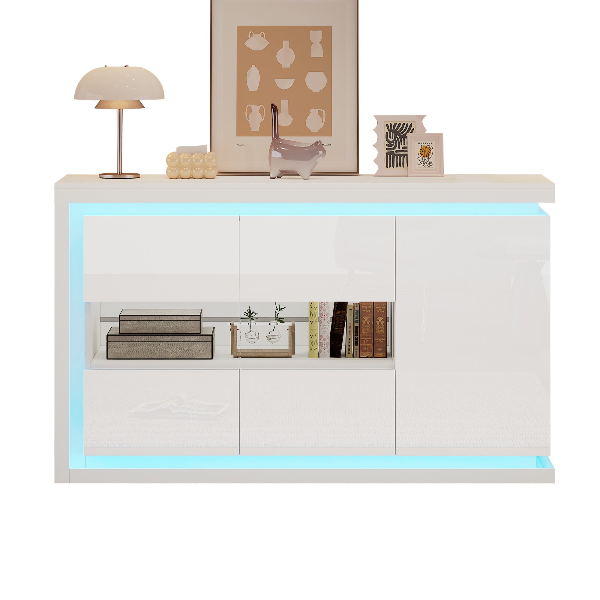 Living Room Cabinet, 140cm, 4 Compartments, High-Gloss, LED, Tempered Glass Doors