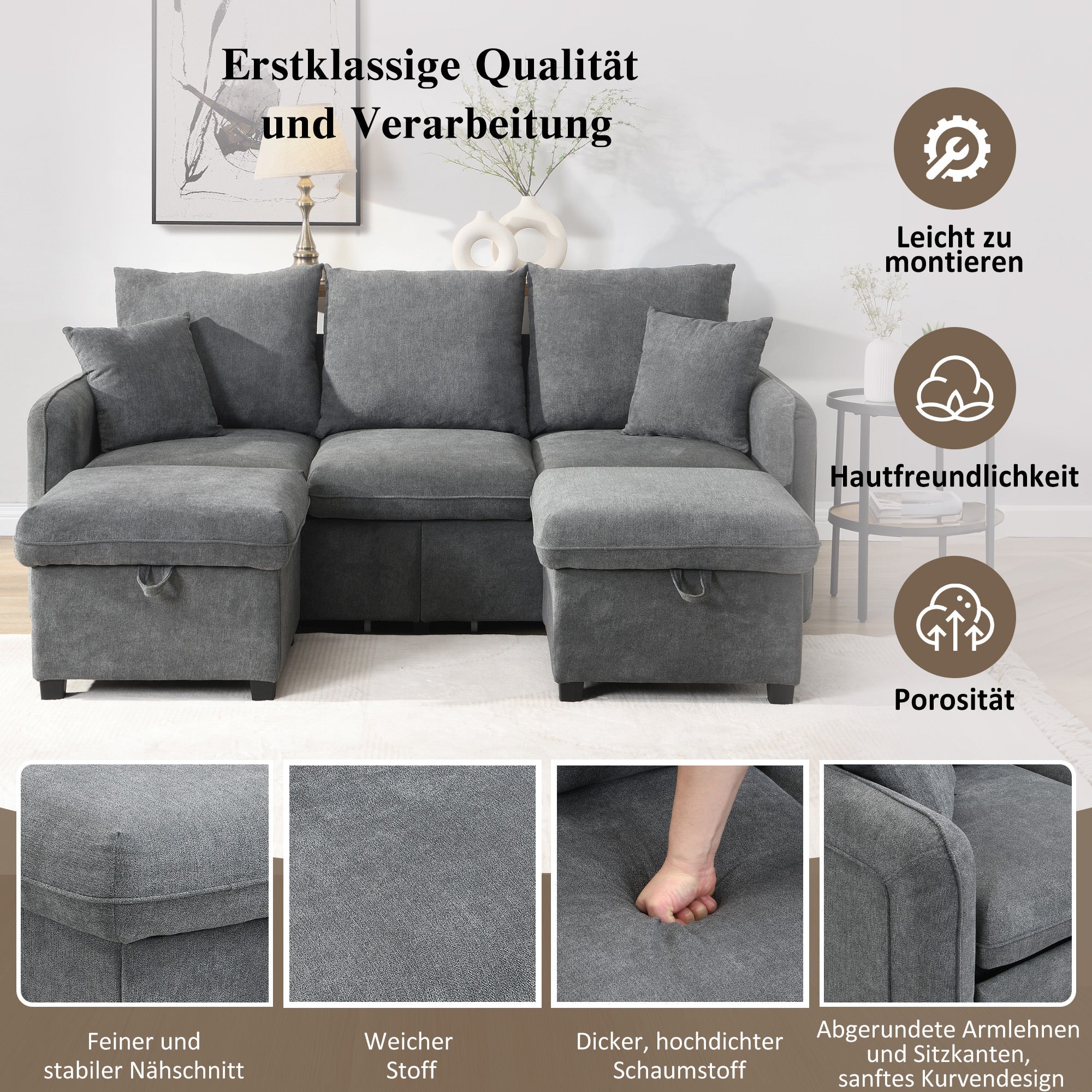 Corner Sofa U-Shaped Three-Seater Modular with Storage & Sleeping Function, Chenille