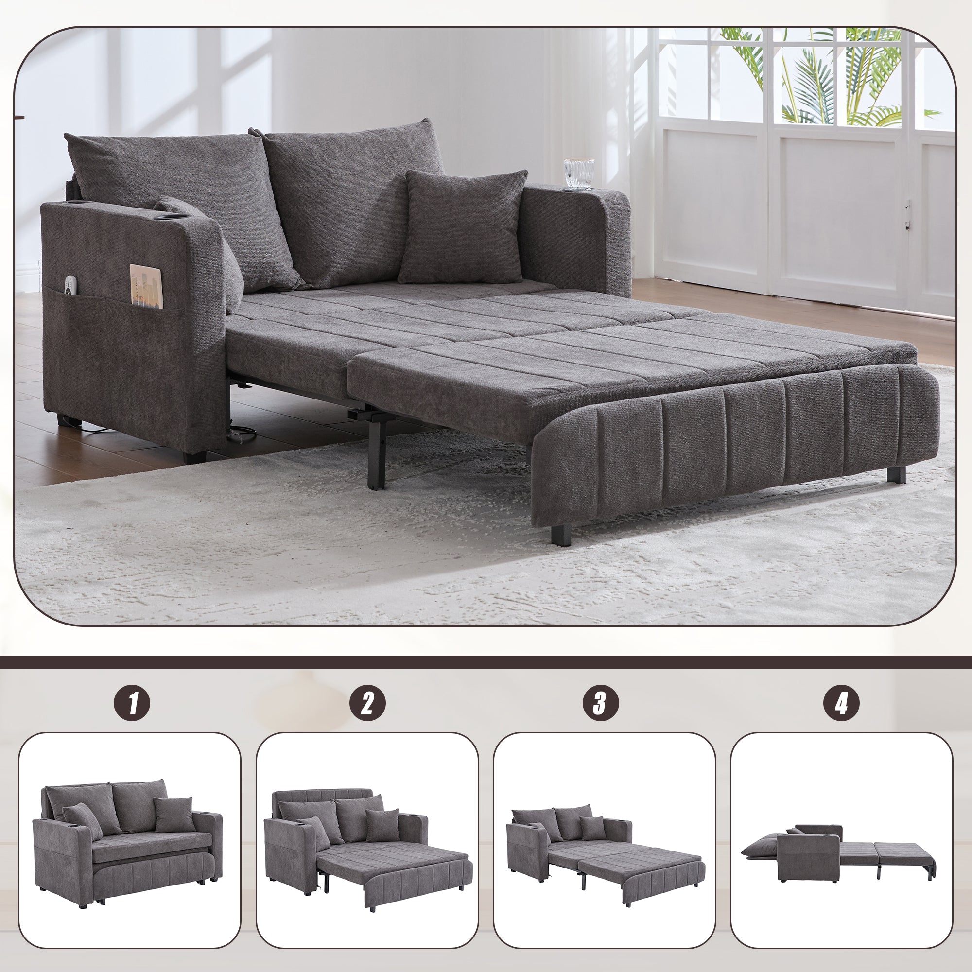 Chair, Multifunctional Folding Pull-Out Sofa with Storage, USB Charging, Cup Holder, Fabric