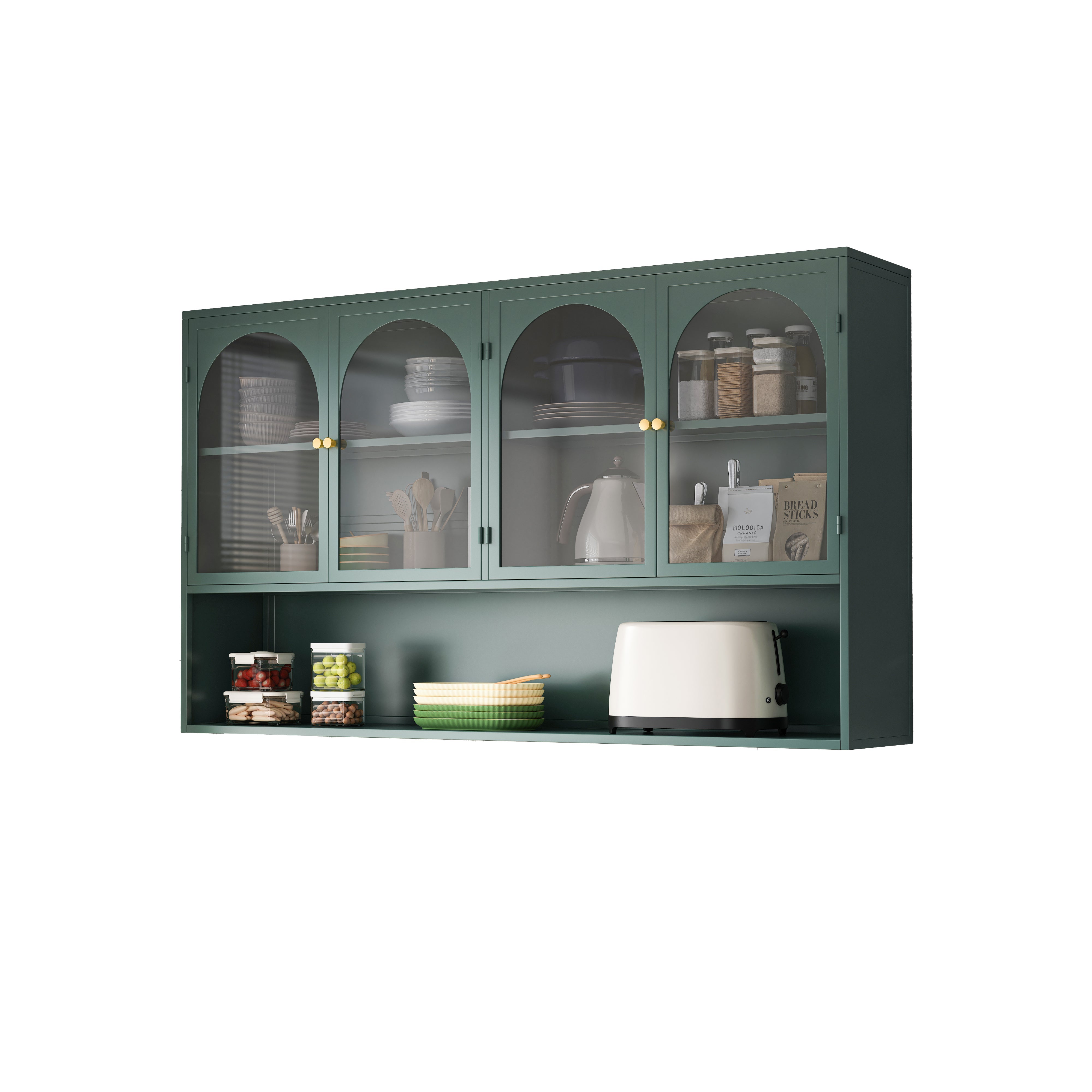 Four-door Glass Wall Cabinet, 120CM Wall-mounted, Dark Green