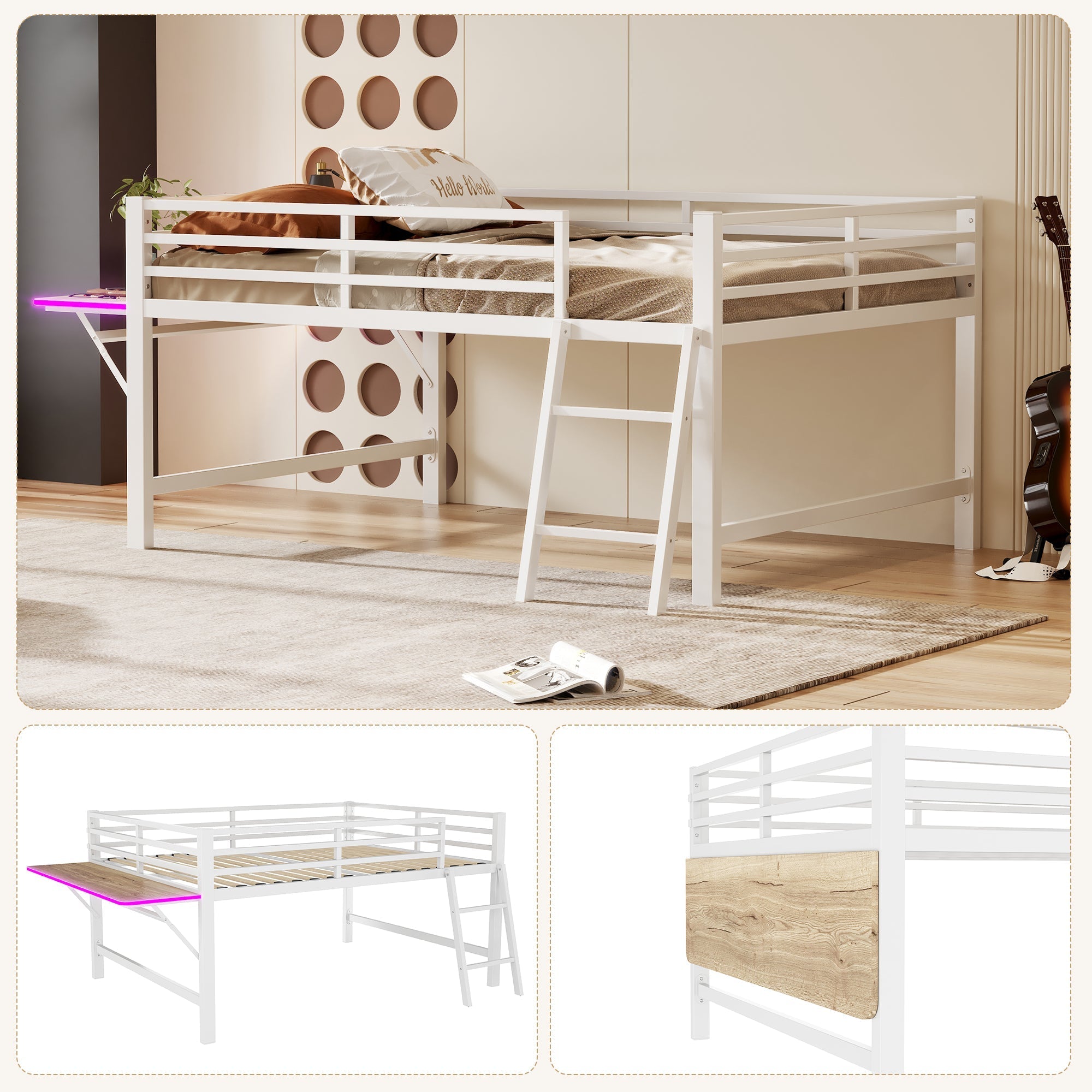 Flatbed Metal Bed 140x200cm Desk Ladder Railing Remote LED Strip White