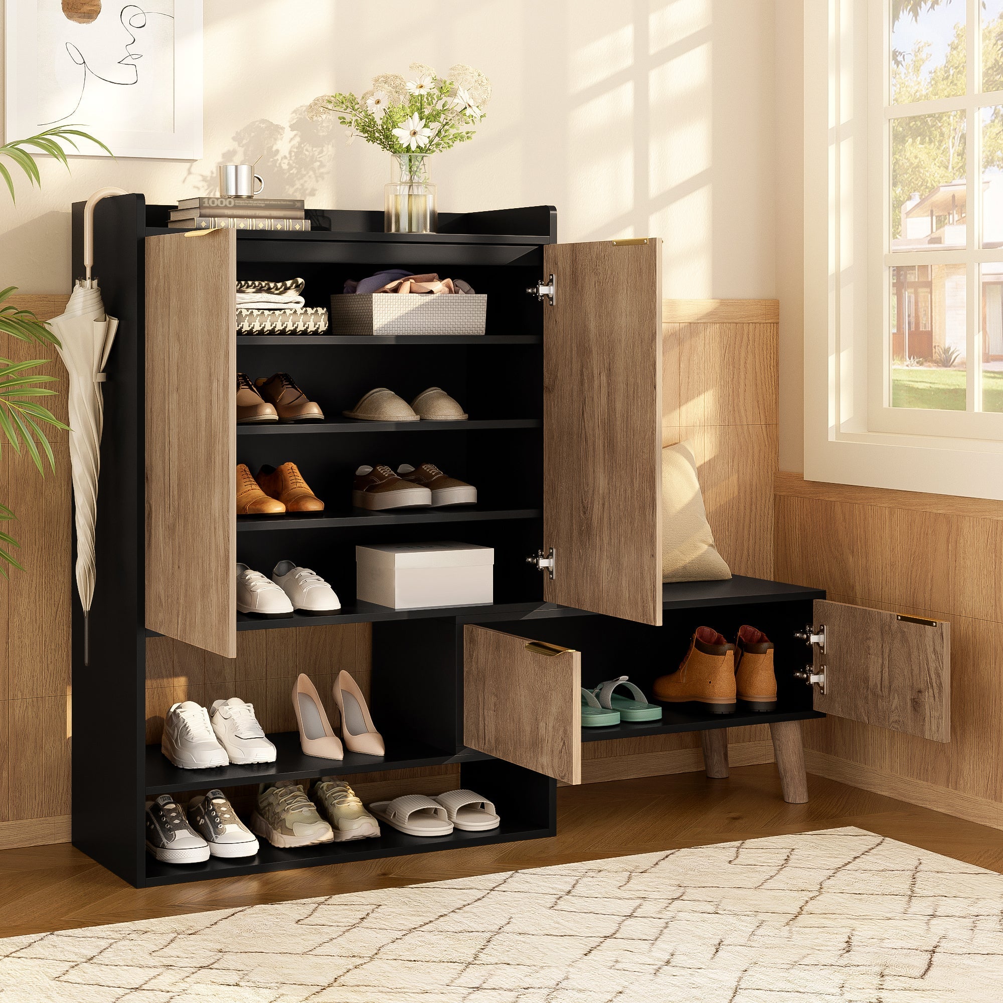 Multifunctional Shoe Cabinet, Extendable Swivel Seat, Large Storage, Open/Closed Shelving, Black + Wood Finish
