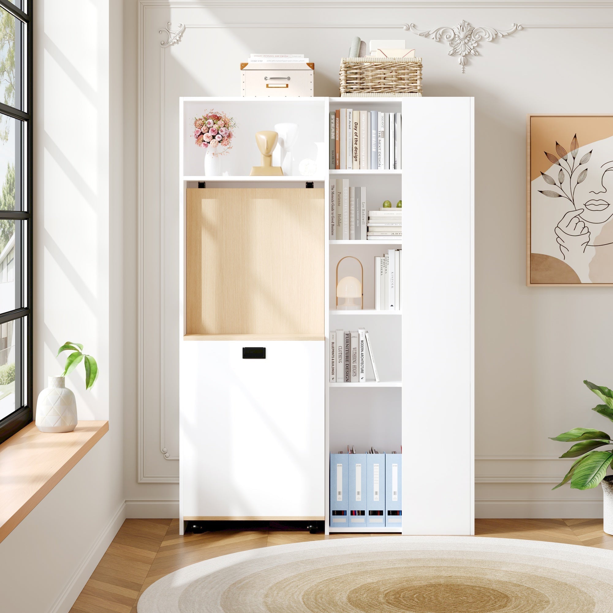 Folding Desk with Shelves, 2-in-1 Bookshelf, USB, Adjustable, White