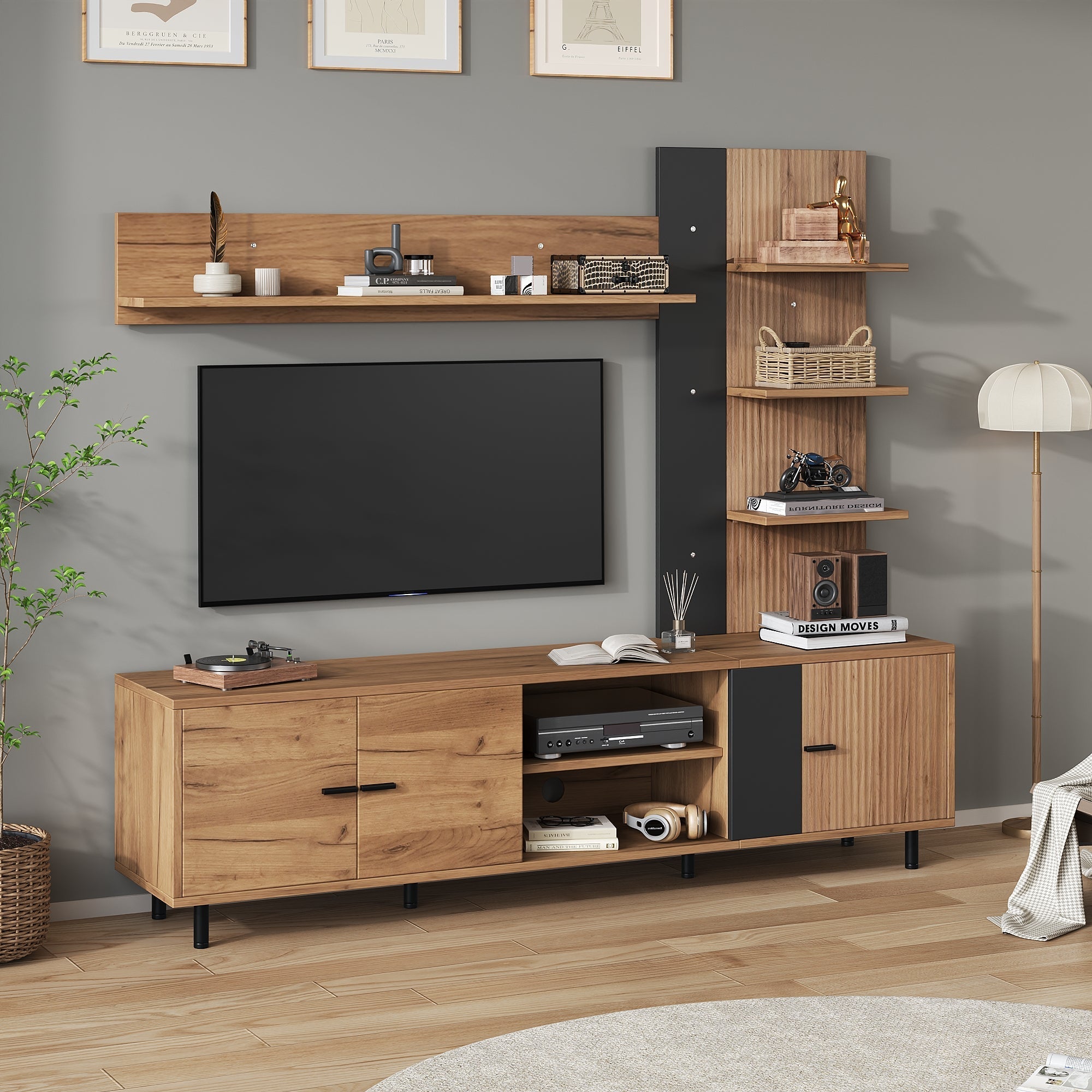 TV Wall Unit Set with Display Cabinet and Open Shelves for TV up to 80", Wood Color and Black