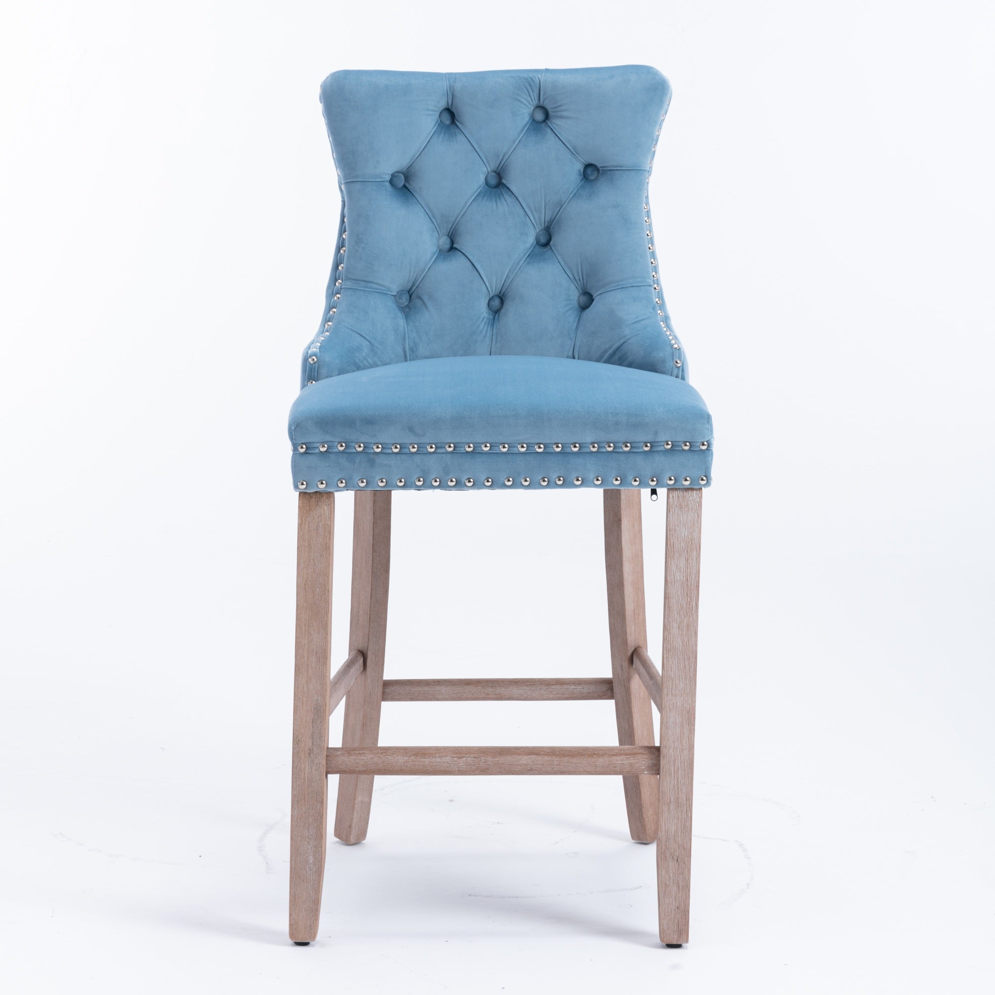 Barstools Set of 2 Velvet Upholstered Button Tufted Wooden Legs - Light Blue