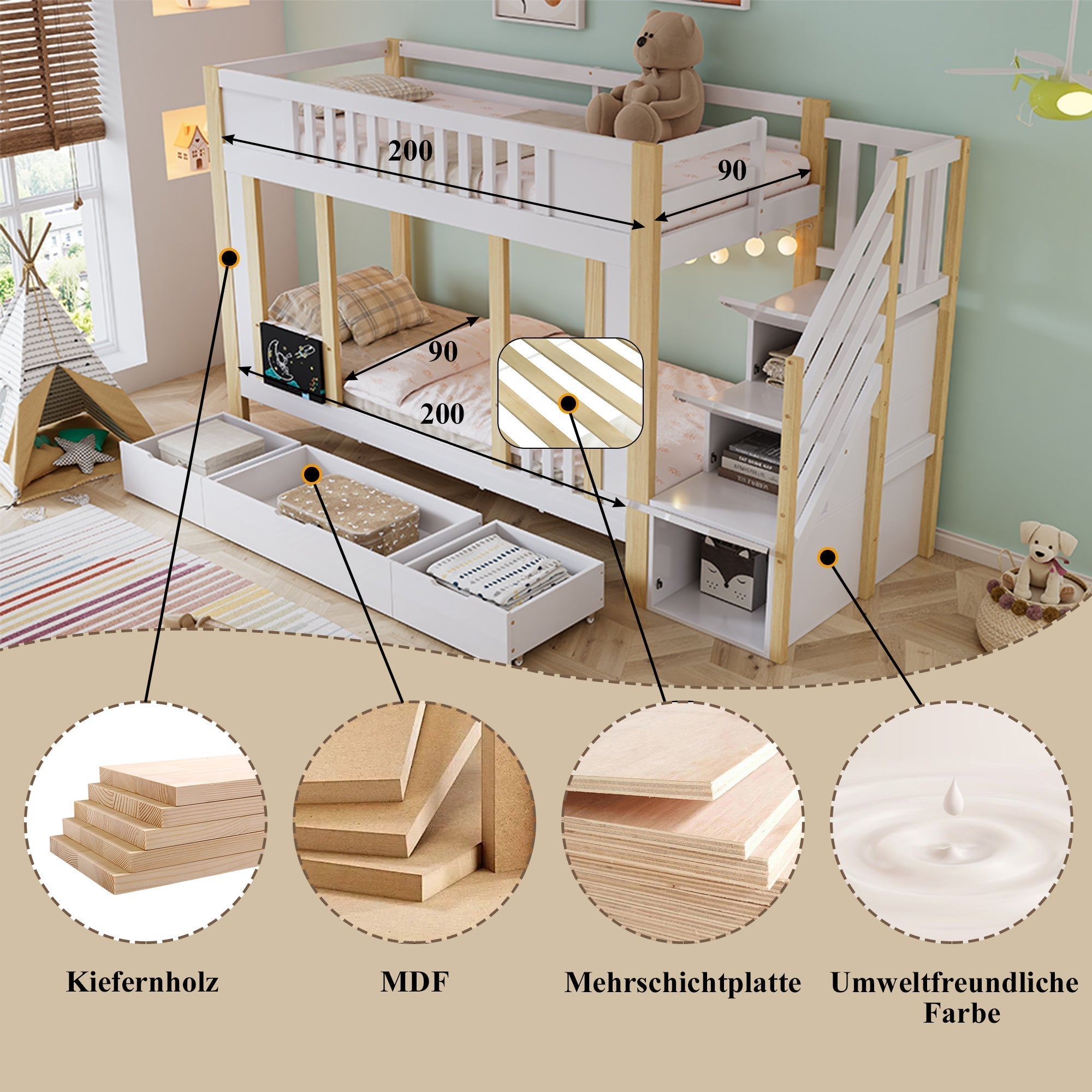 Children's Bunk Bed Storage Stairs Drawers Chalkboard 90x200cm, Pine MDF White/Natural