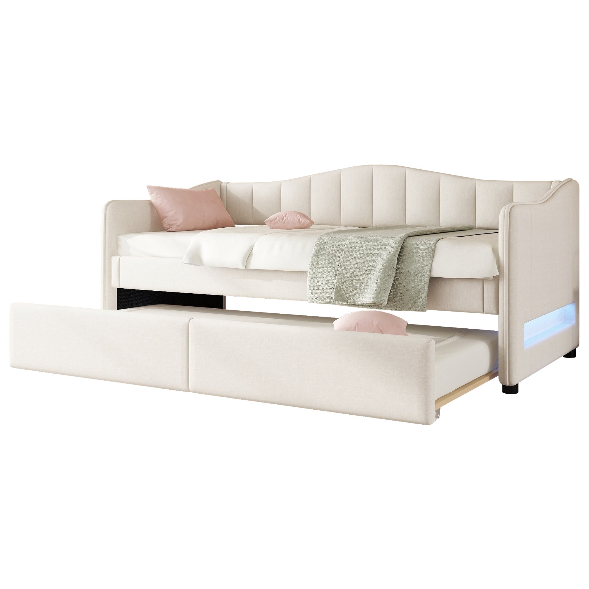 Daybed with Pull-Out Trundle Bed and LED Lighting, 90x200cm, Beige Linen
