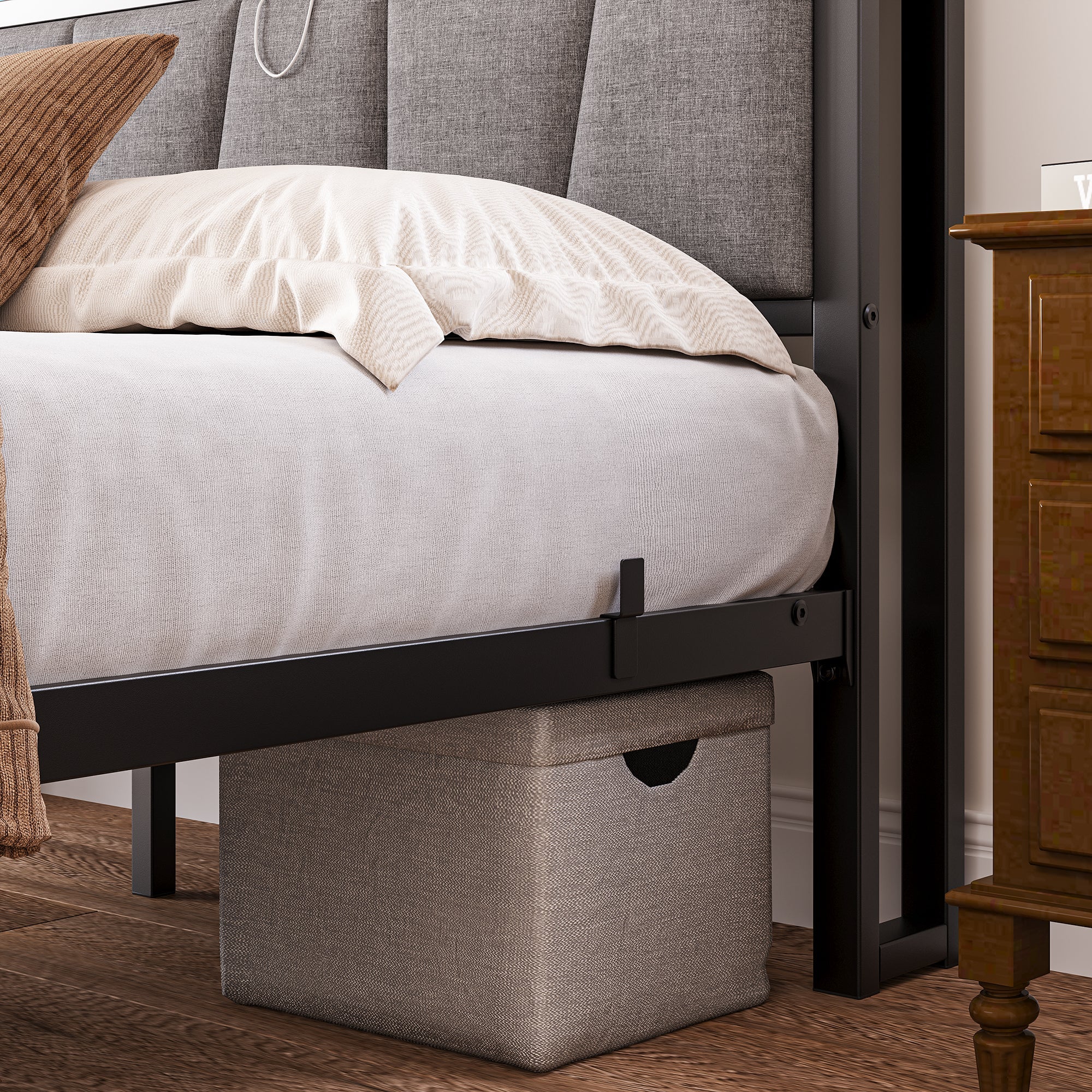 Bed Frame 140x190cm, Smart LED Lights, USB Charging Headboard, Metal