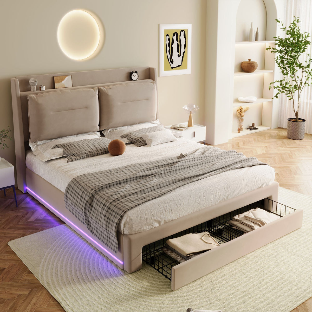 LED upholstered bed, 140 × 190 cm, hydraulic bed, 2-in-1 storage drawers at the foot of the bed, built-in LED light strips on both sides of the bed, slatted base, mattress not included, velvet, grey.