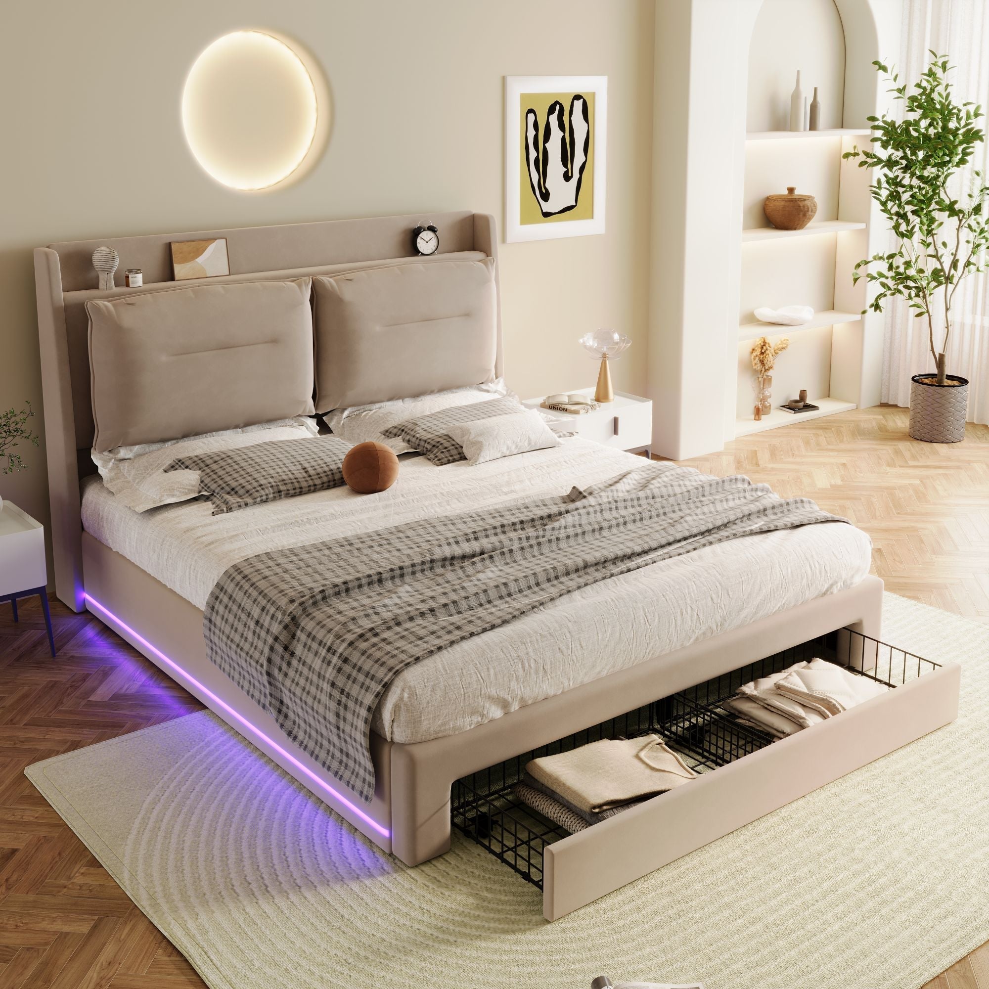 Upholstered Bed 180x200 Hydraulic Storage Drawers LED Light - Velvet Beige