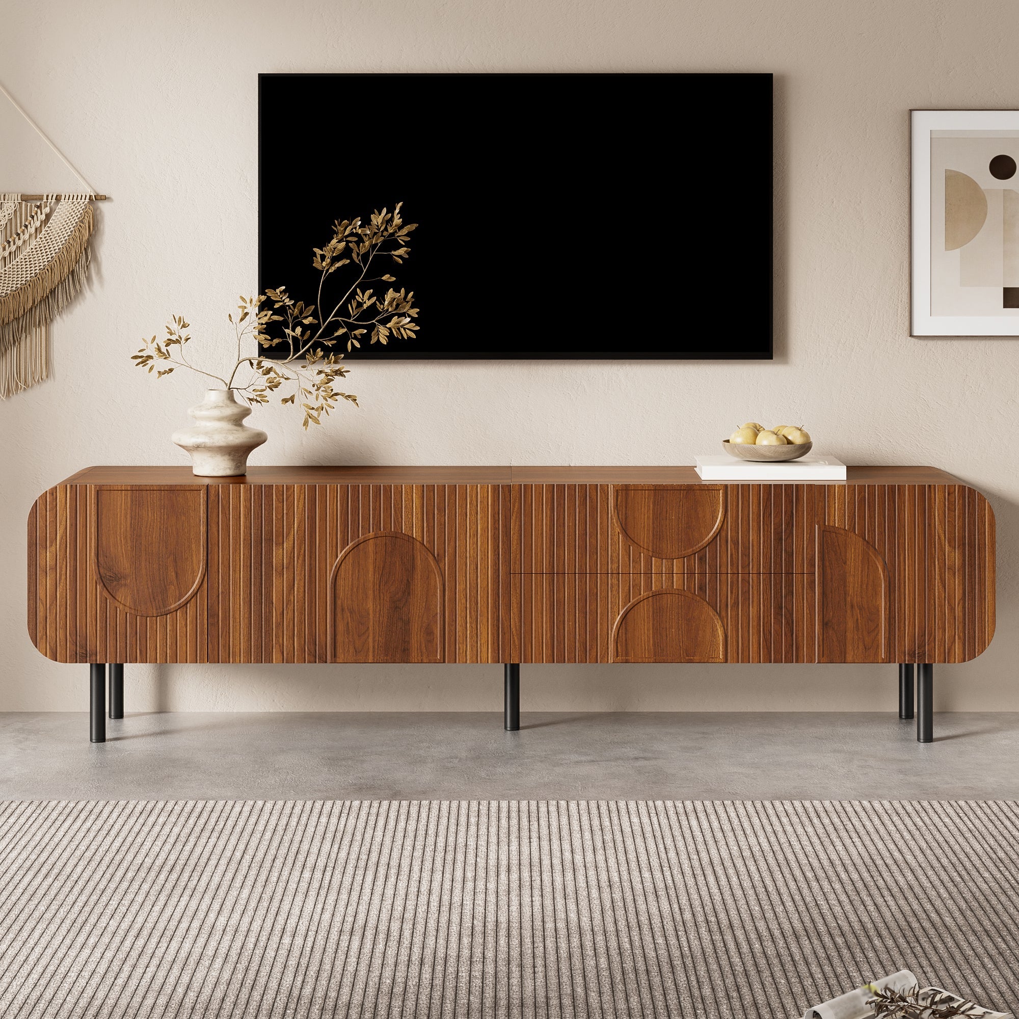 TV Cabinet with 3 Doors, 2 Drawers and Vertical Grooves, Mid-Century Style with Metal Legs