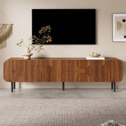 TV Cabinet with 3 Doors, 2 Drawers and Vertical Grooves, Mid-Century Style with Metal Legs