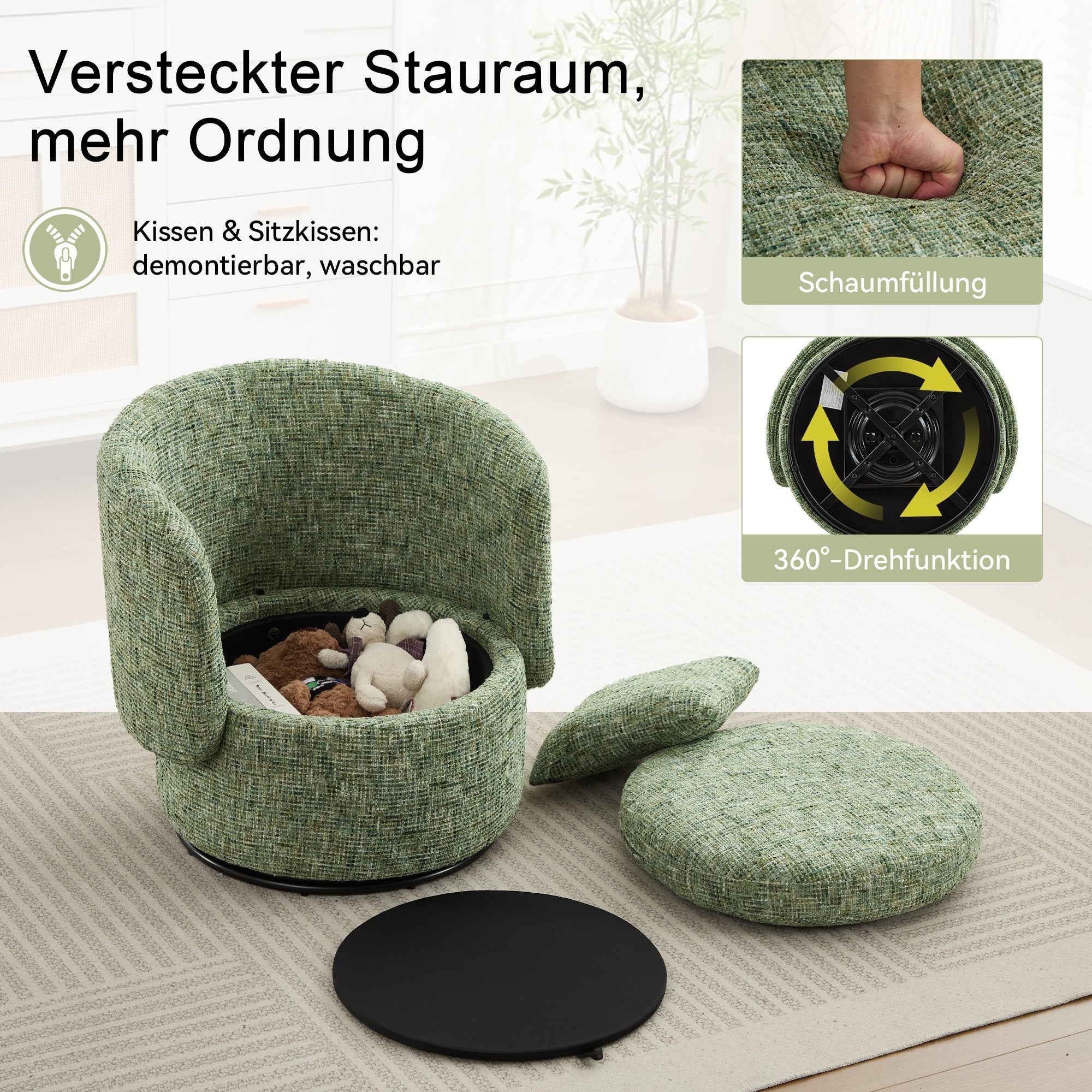 Swivel Armchair 360° Rotating Accent Chair Hidden Storage Plump Cushion Green