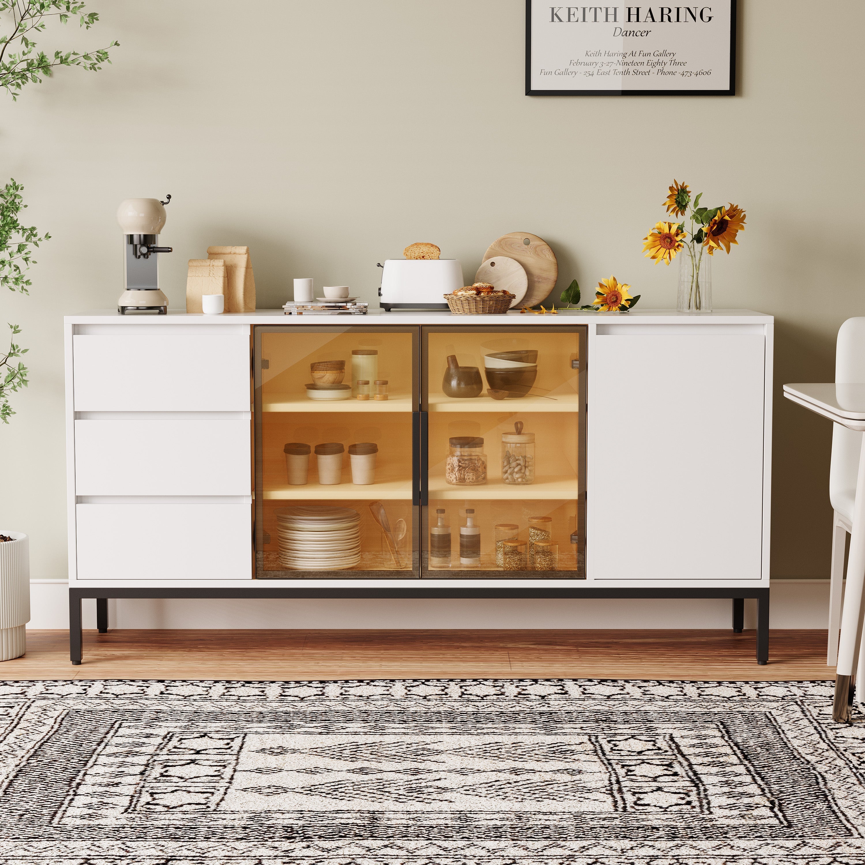 Buffet Cabinet with Doors, 3 Drawers & Display Storage - White
