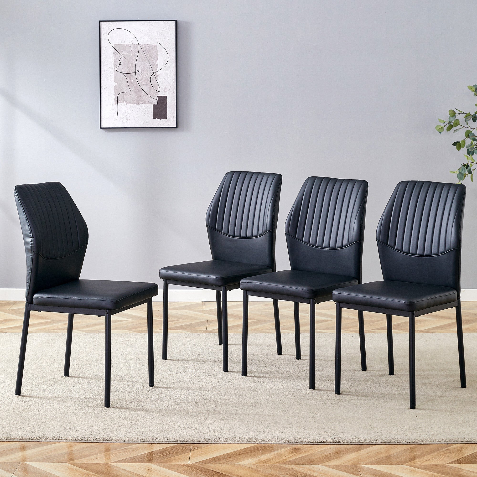 Set of 4 Dining Chairs with Vertical Embossing and Metal Legs, Black PU